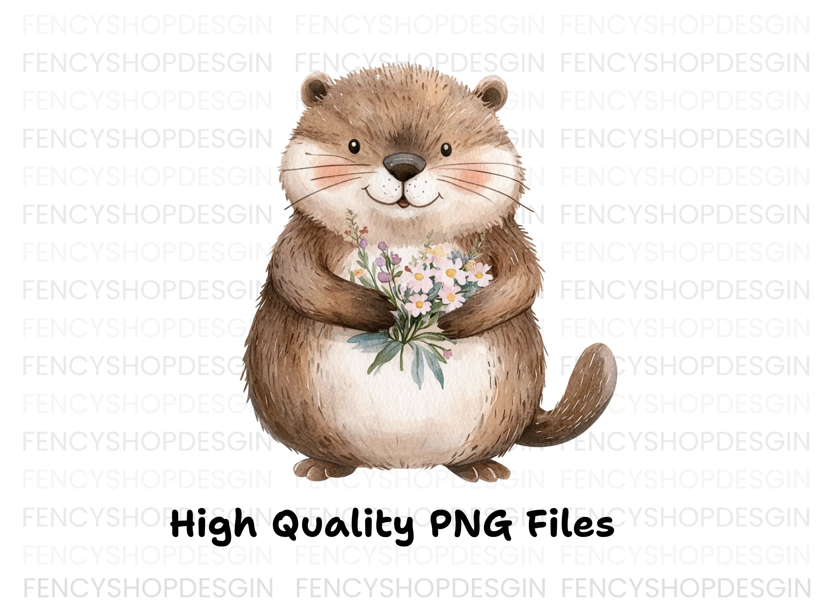 Cute Otters Holding Flower Bouquets Clipart Bundle