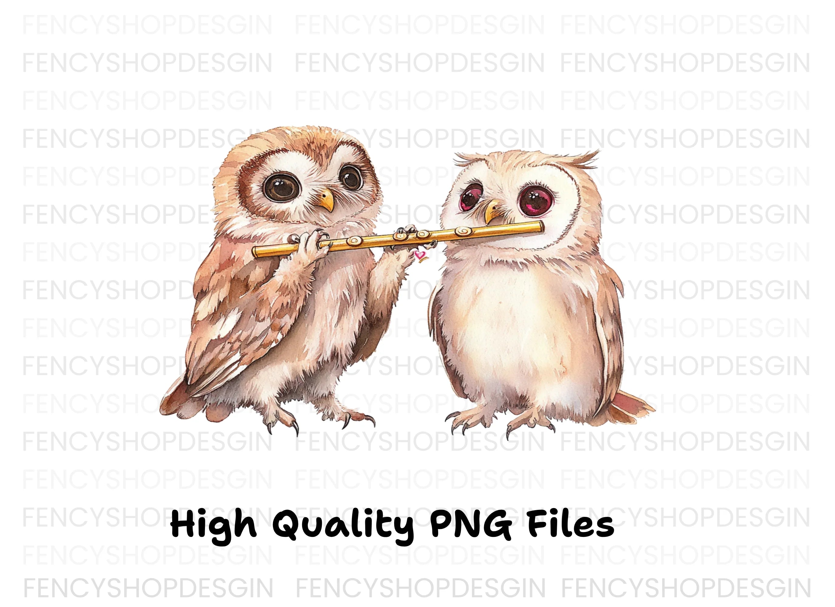 Cute Owls Playing Flute Clipart Bundle
