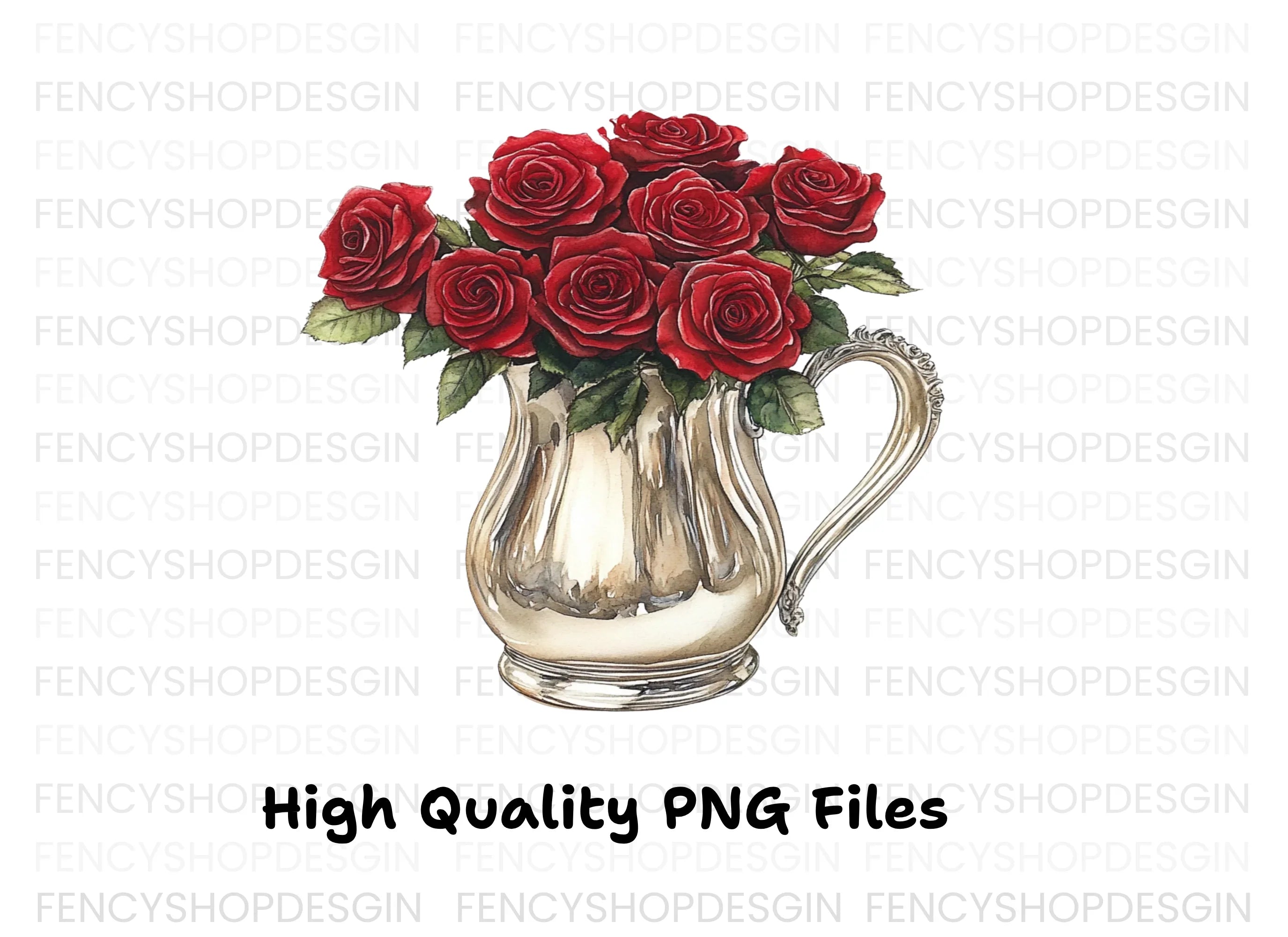 Red Roses in Silver Pitcher Clipart Bundle