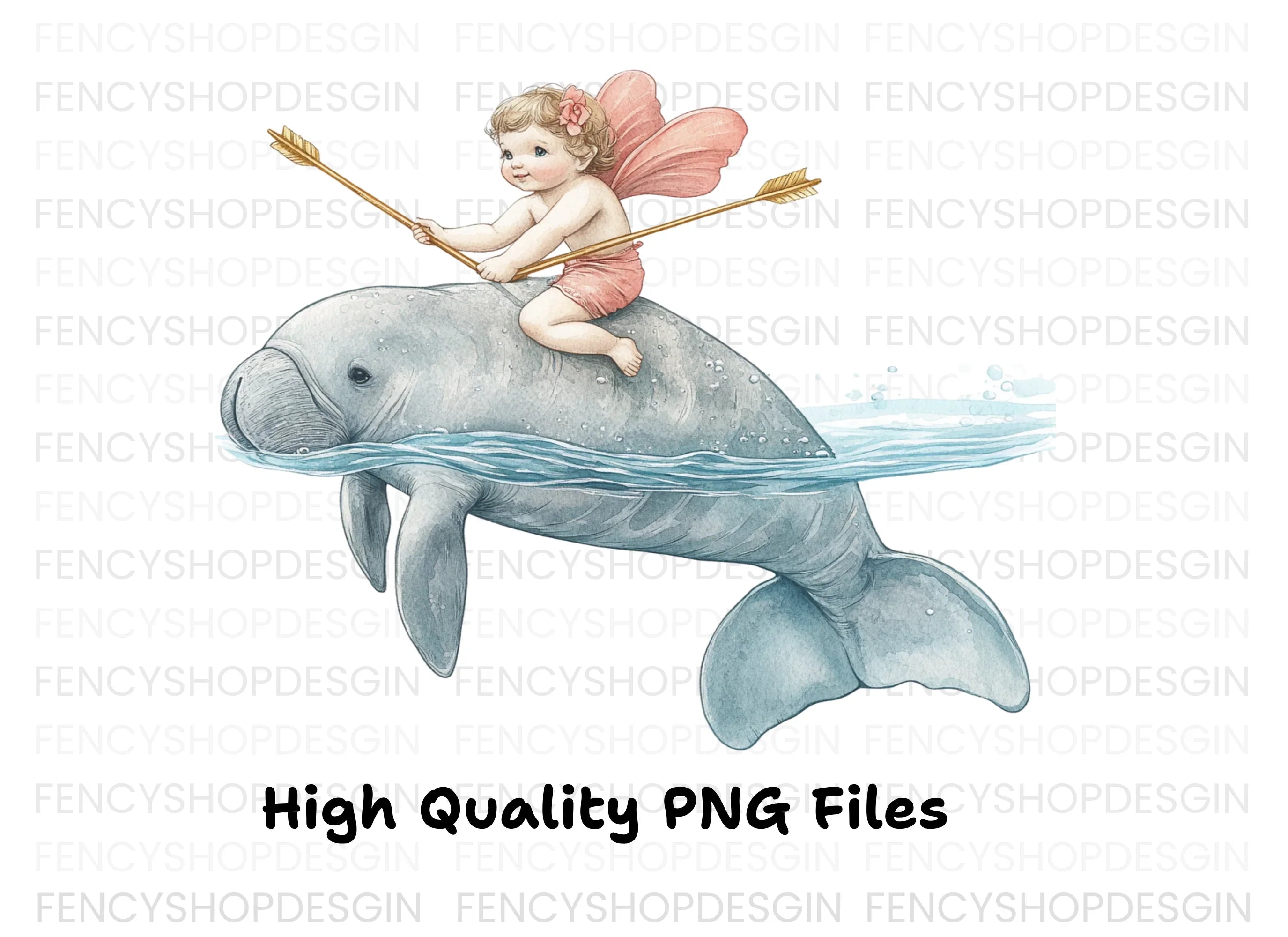 Cupid Riding Manatee Clipart Bundle