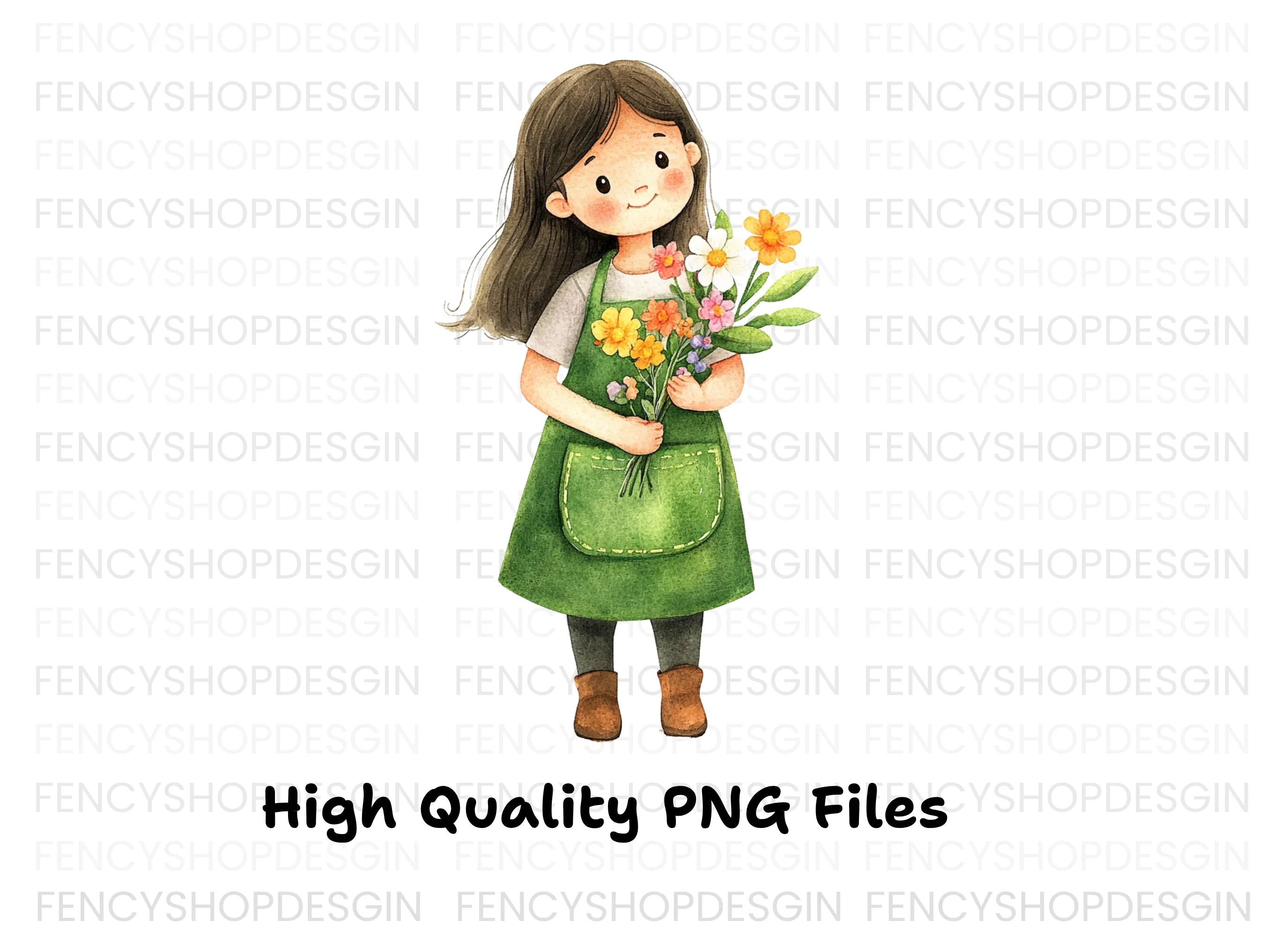 Cute Girls with Flower Bouquets Clipart Bundle