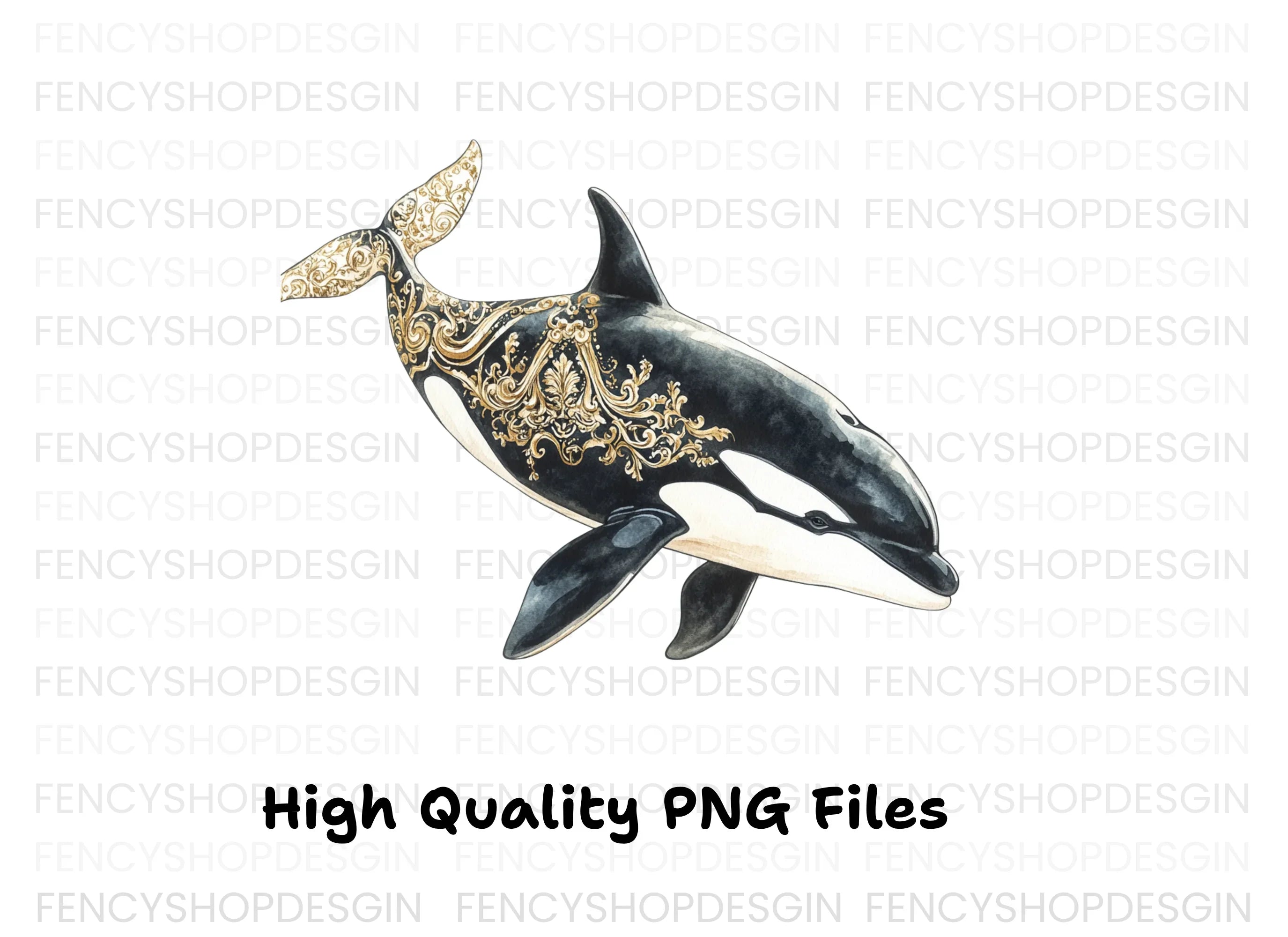 Ornate Gold and Black Orca Whale Clipart Bundle