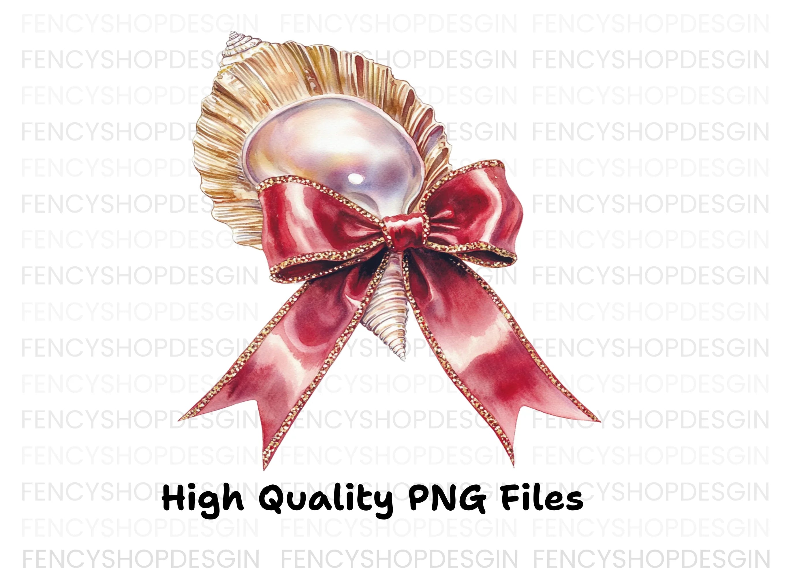 Elegant Seashells with Red Bows Clipart Bundle