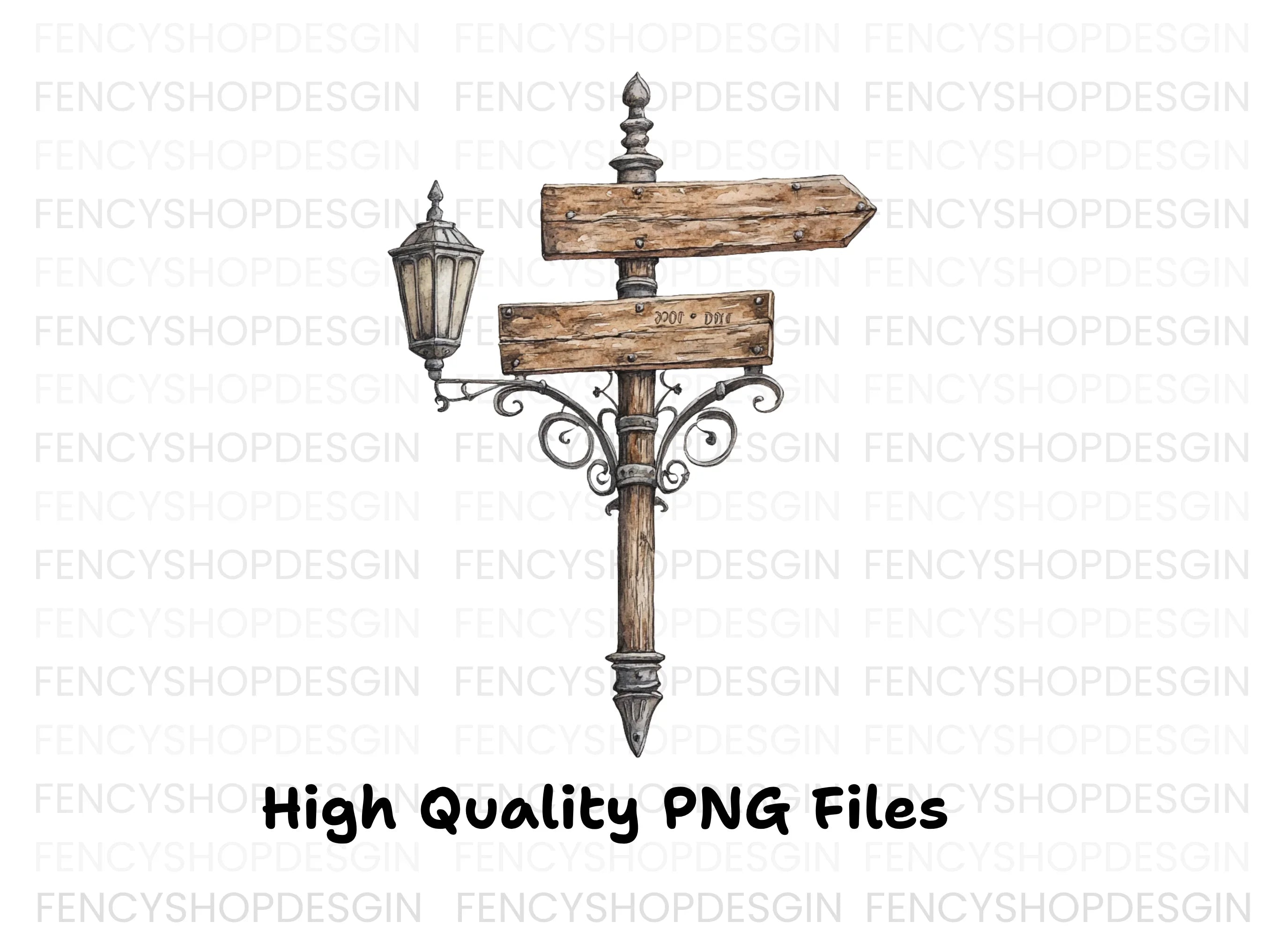 Vintage Wooden Signpost with Lantern Clipart Bundle