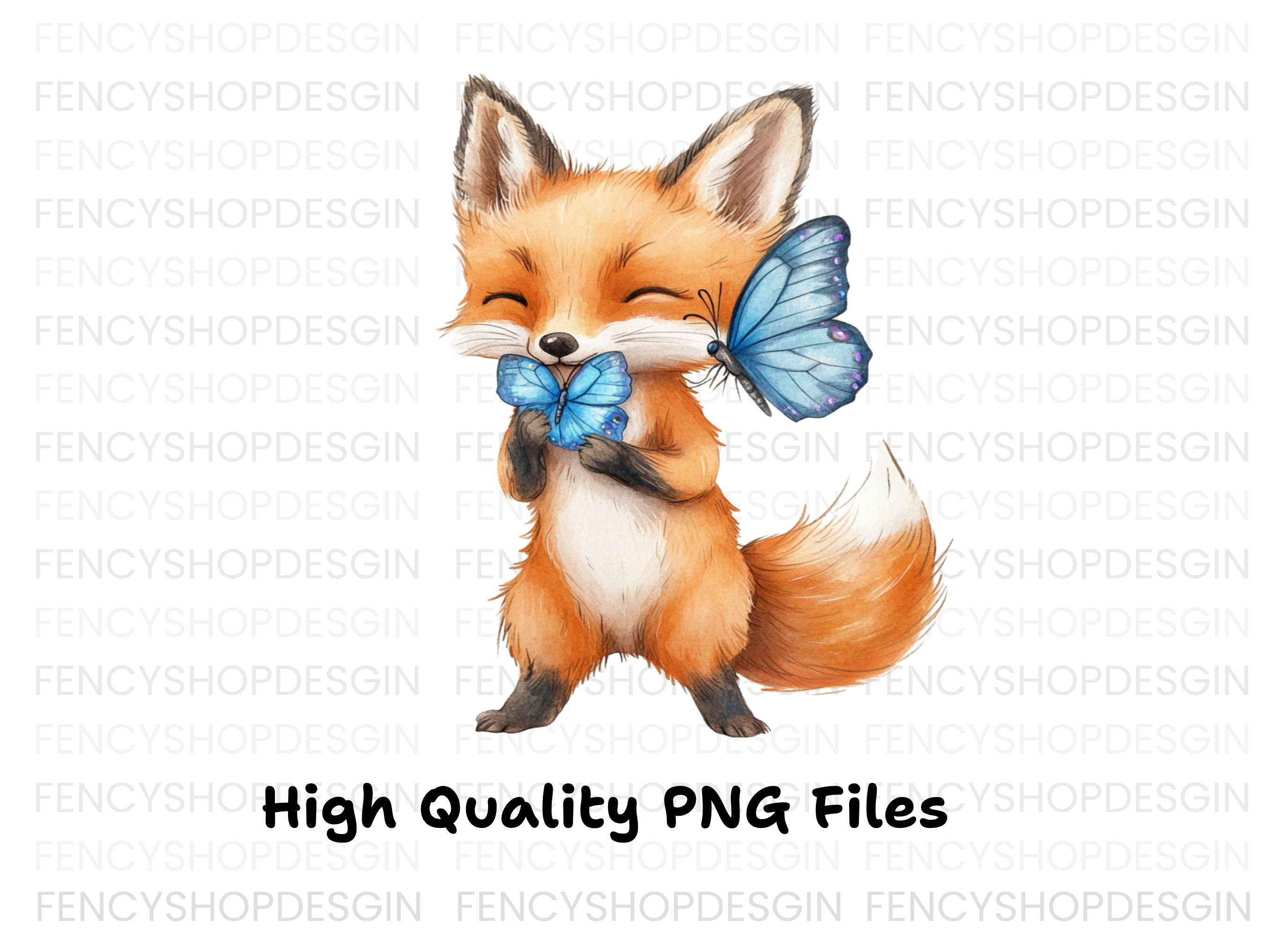 Cute Fox with Blue Butterflies Clipart Bundle