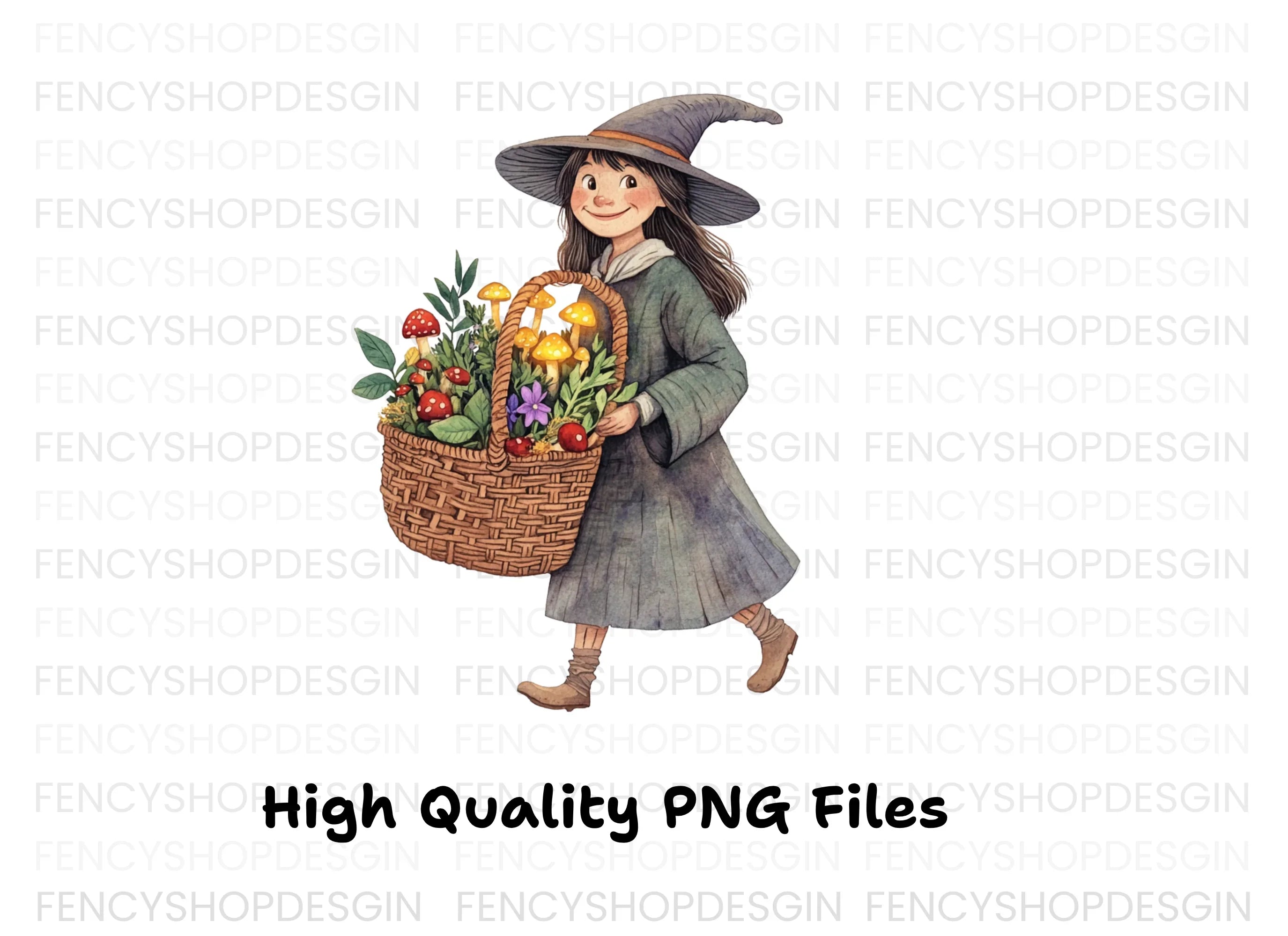 Cute Witches with Flower Baskets Clipart Bundle