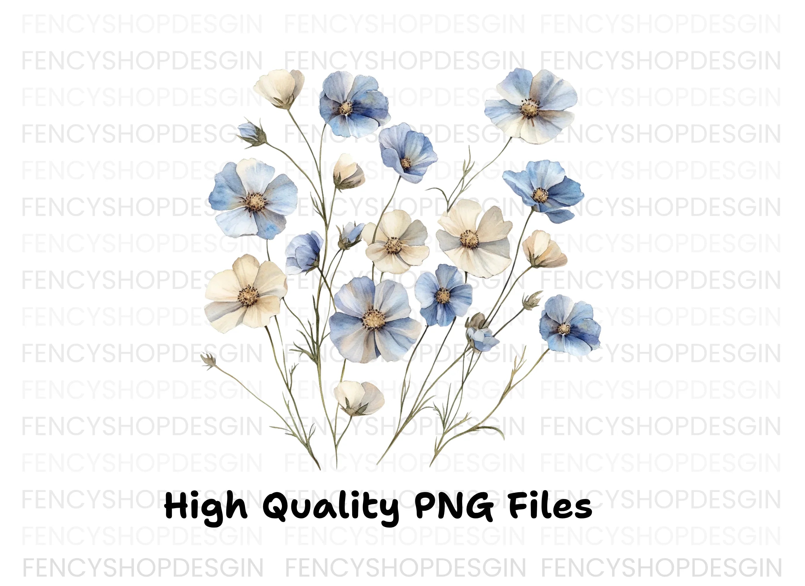 Blue and White Floral Clipart Bundle
