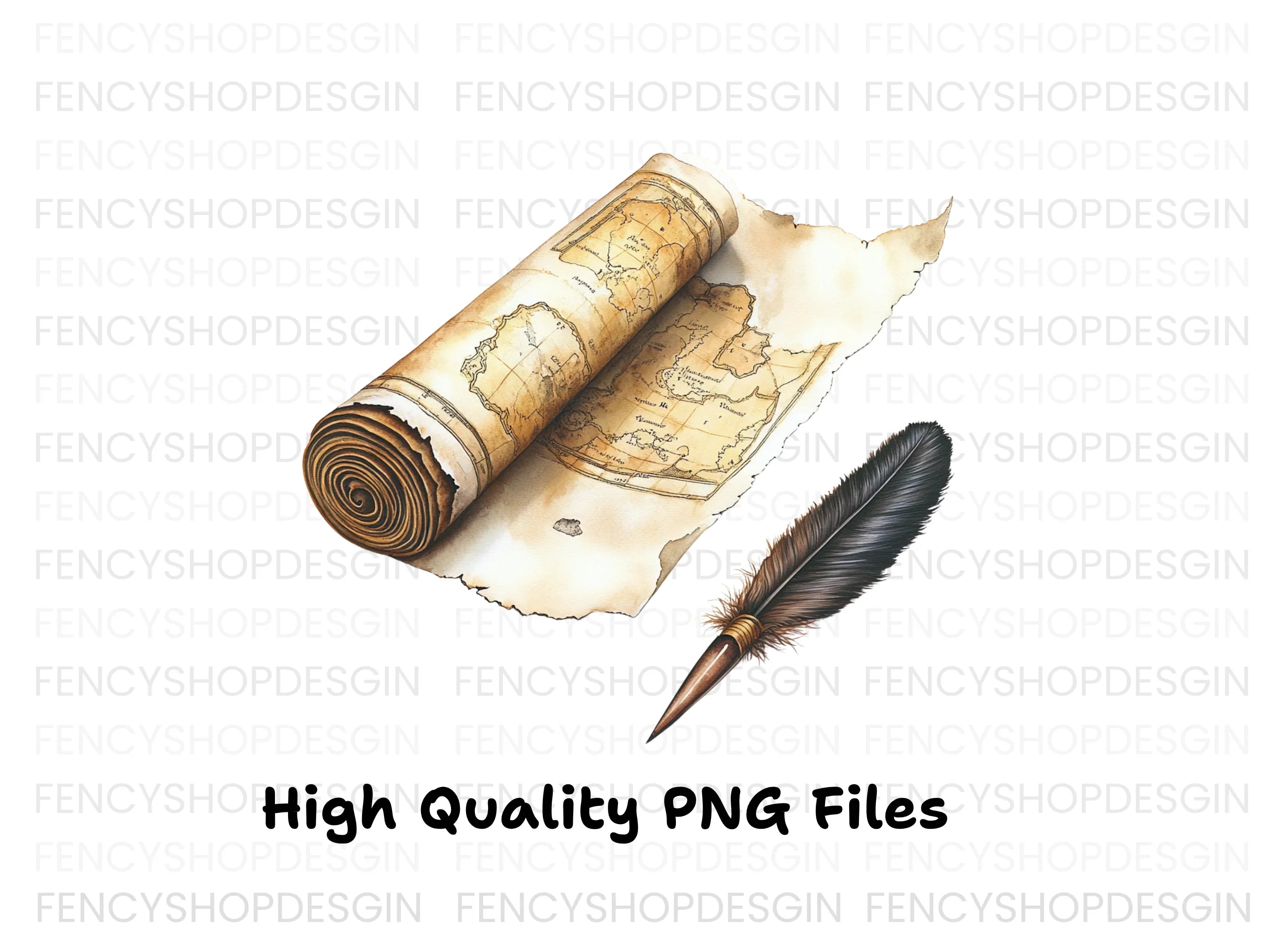 Vintage Scroll Maps & Quill Pen Clipart Bundle