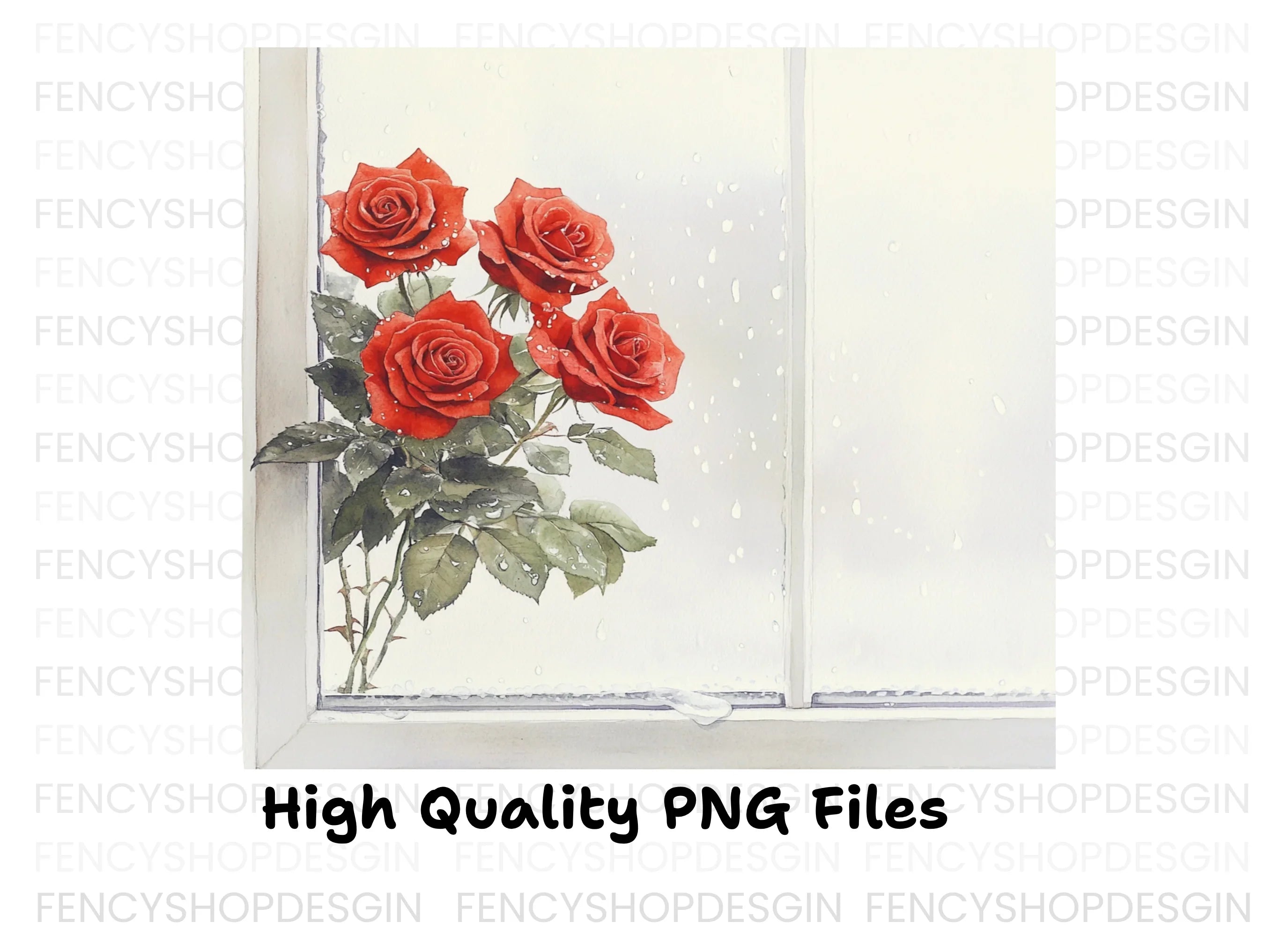 Red Roses by Rainy Window Clipart Bundle