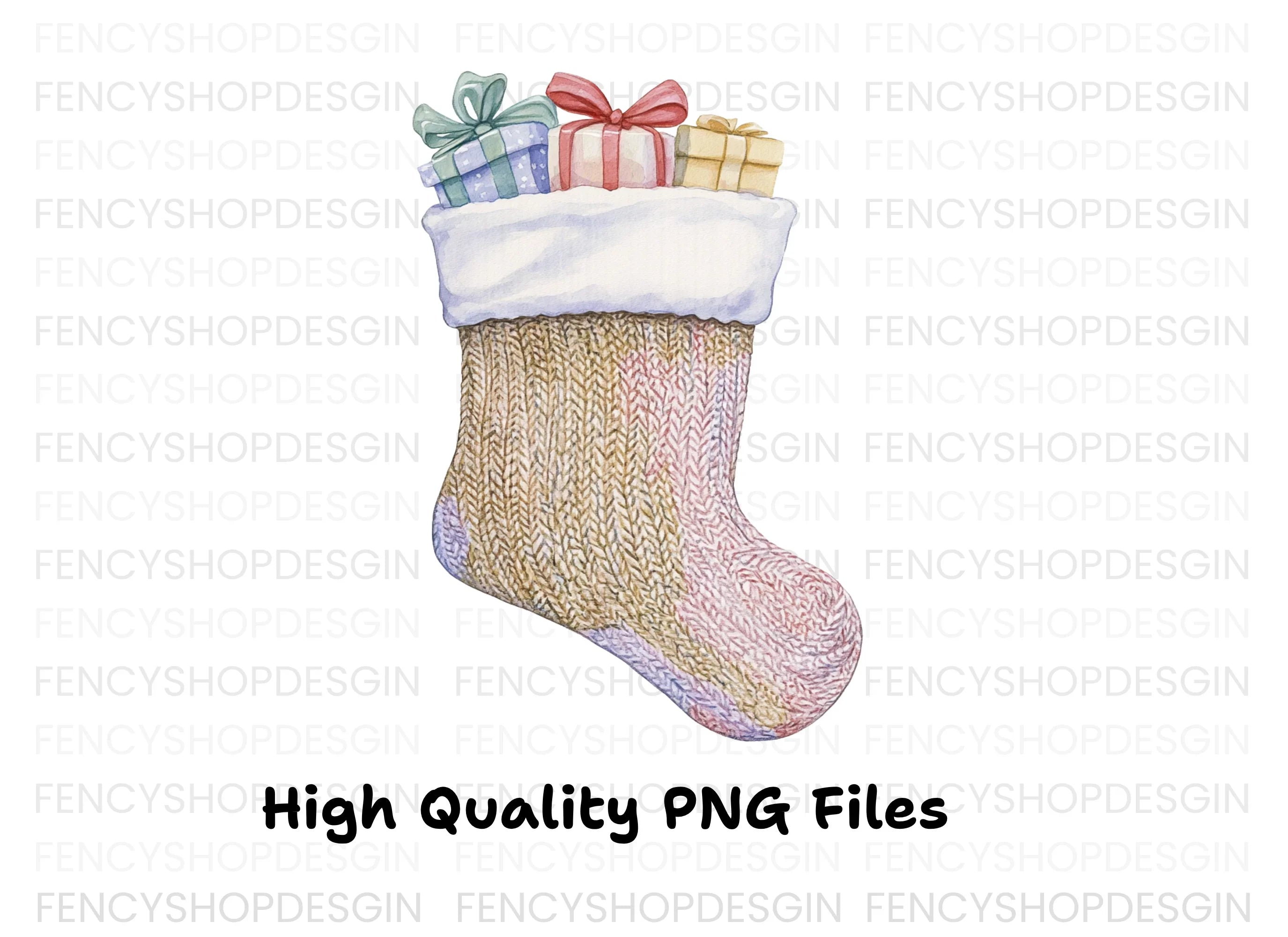 Knitted Christmas Stocking with Gifts Clipart Bundle