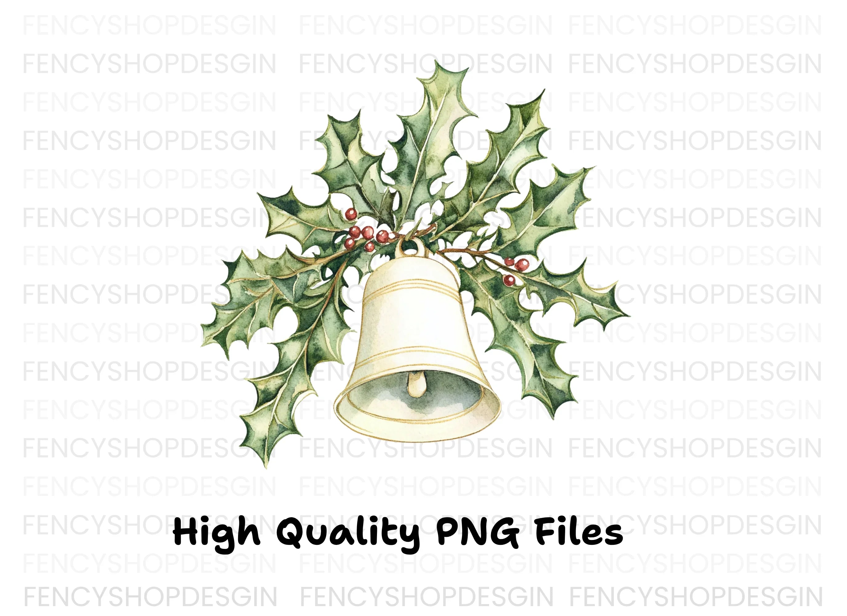 White Christmas Bell with Holly Clipart Bundle