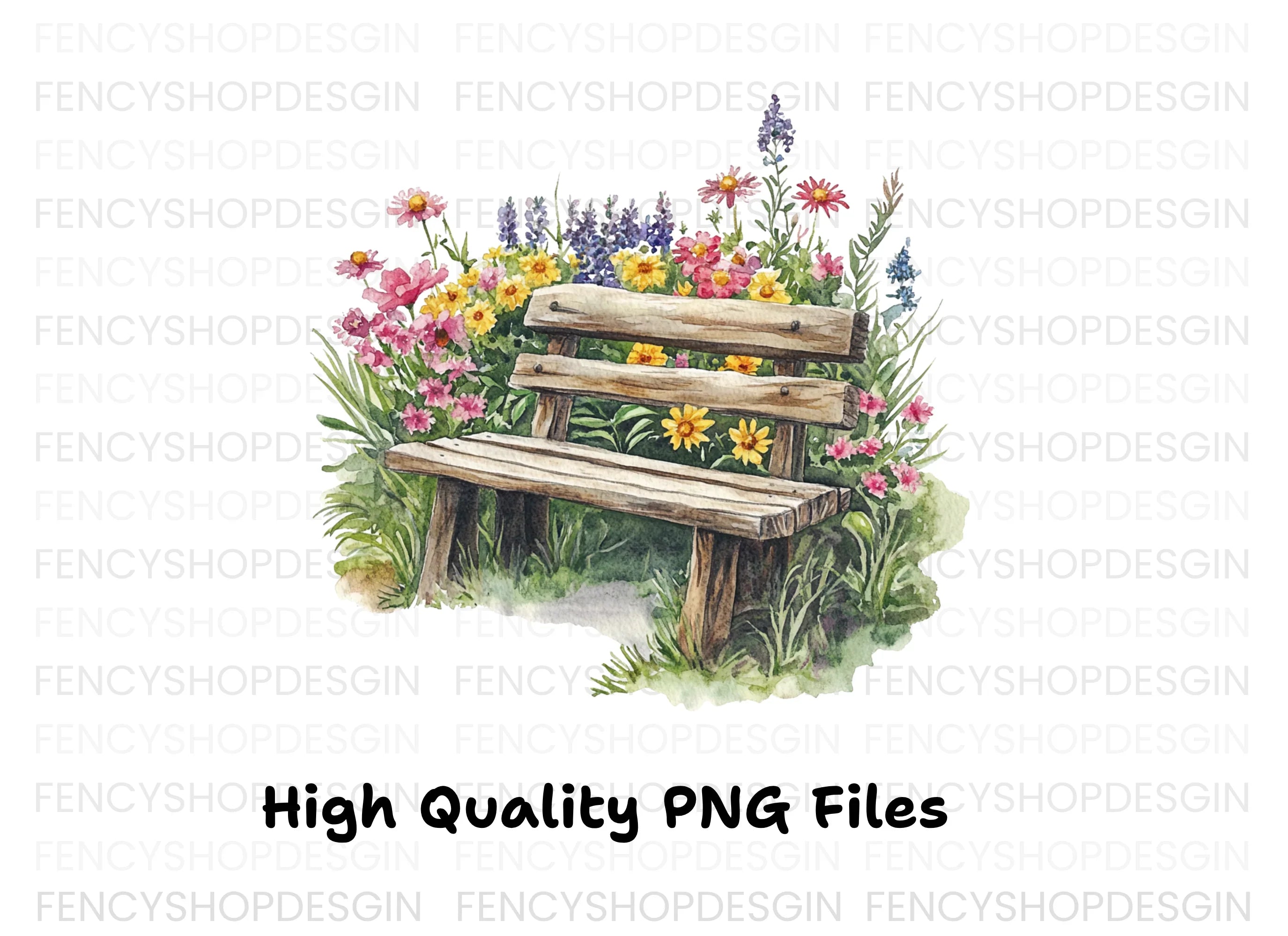 Rustic Bench in Blooming Garden Clipart Bundle