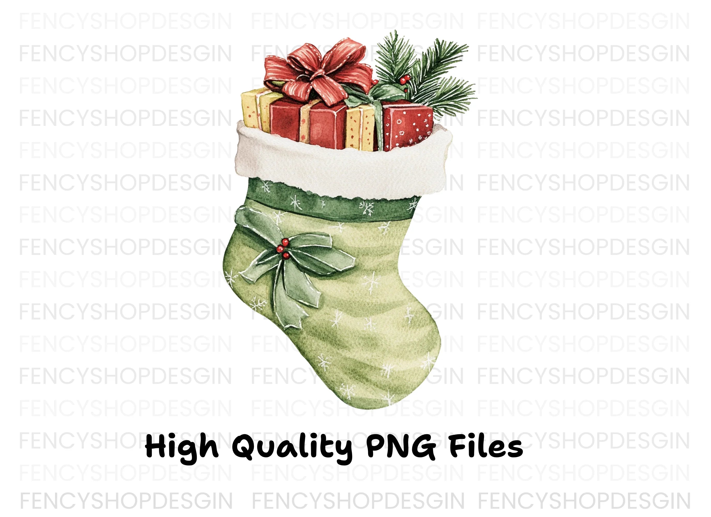 Green Christmas Stockings with Gifts Clipart Bundle