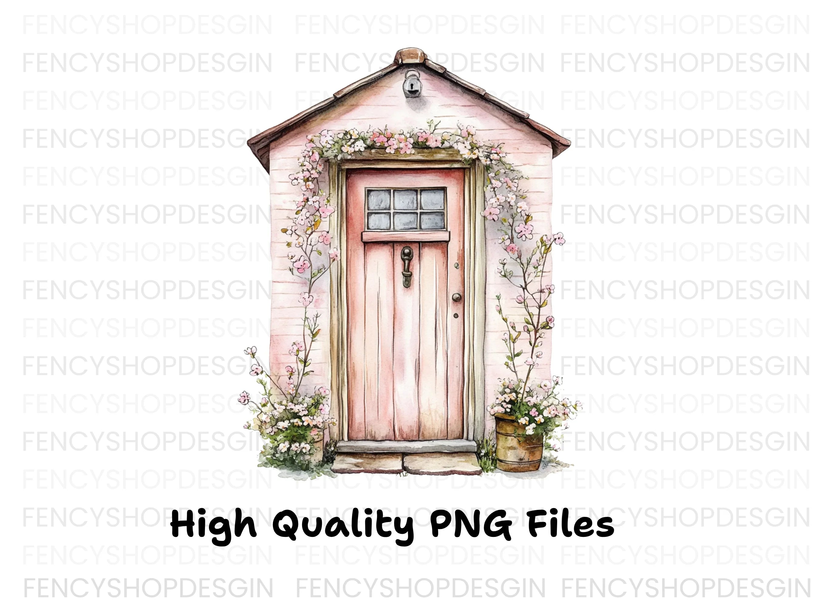 Pink Cottage Door with Blooming Vines Clipart Bundle