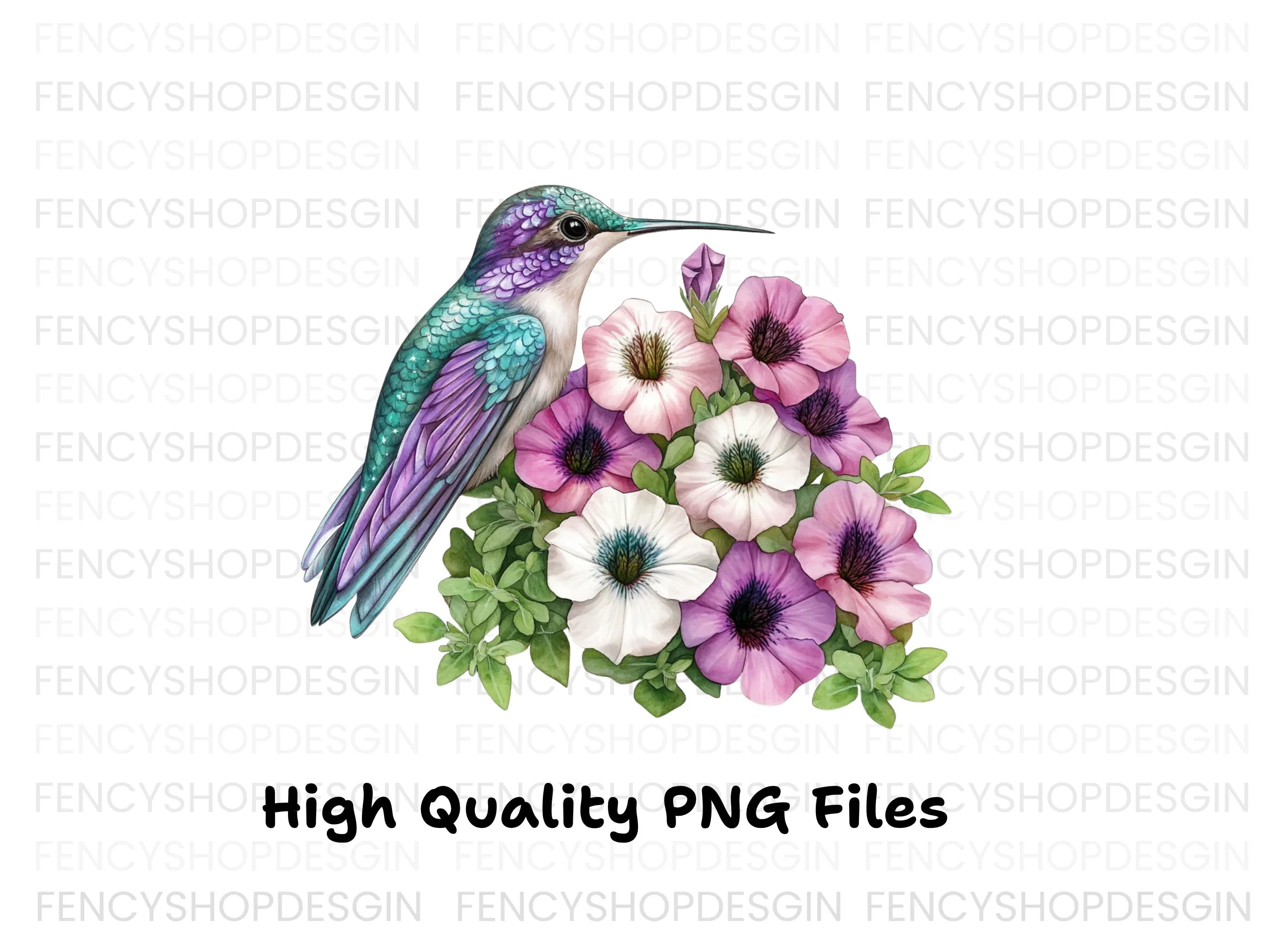 Hummingbirds with Petunia Flowers Clipart Bundle