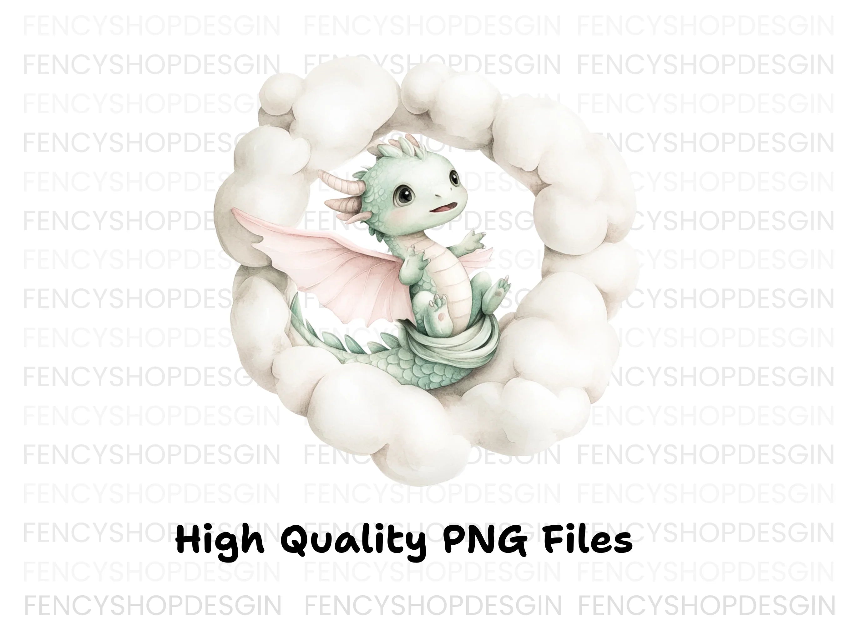 Sweet Green Baby Dragon in Clouds Clipart Bundle