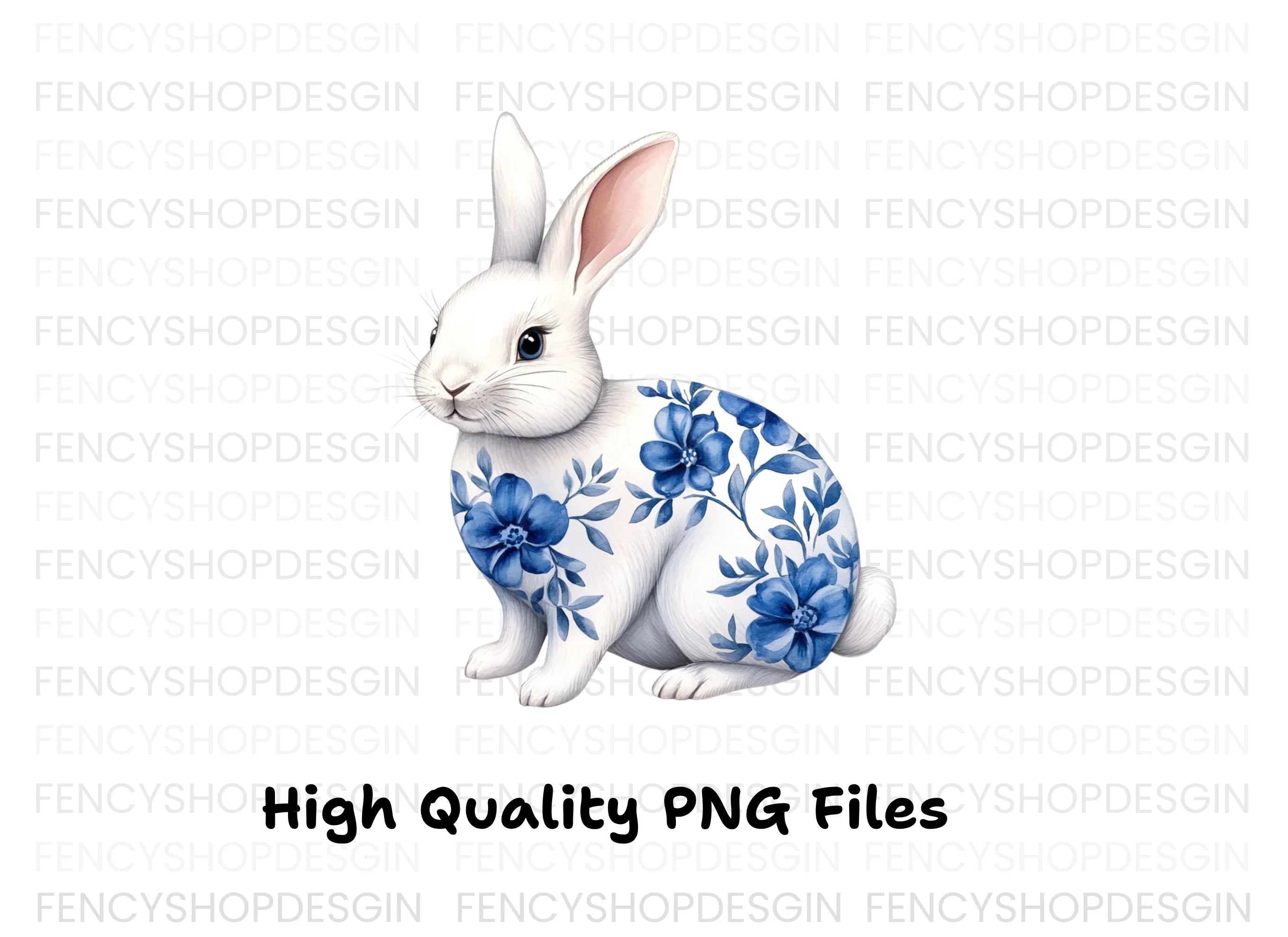 Blue and White Floral Bunny Clipart Bundle