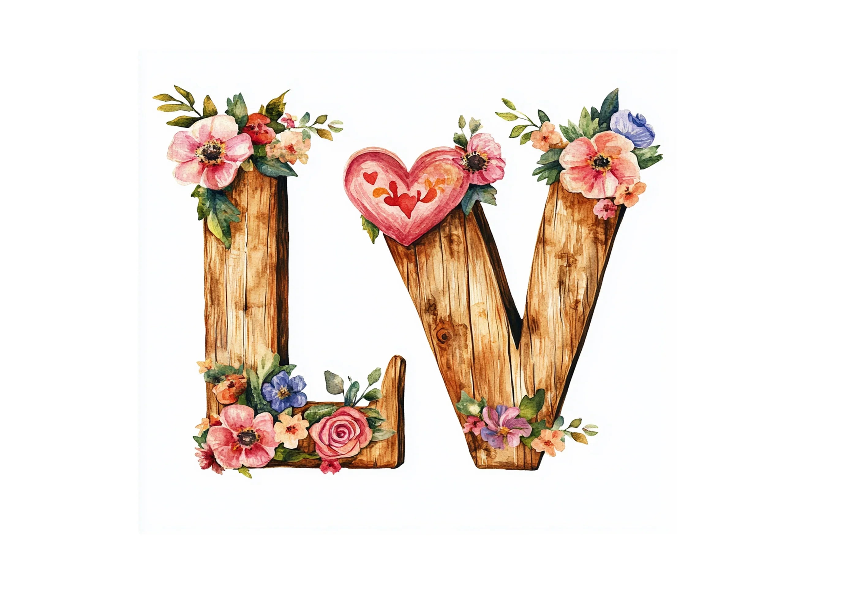 Floral Wooden Love Letters Clipart Bundle