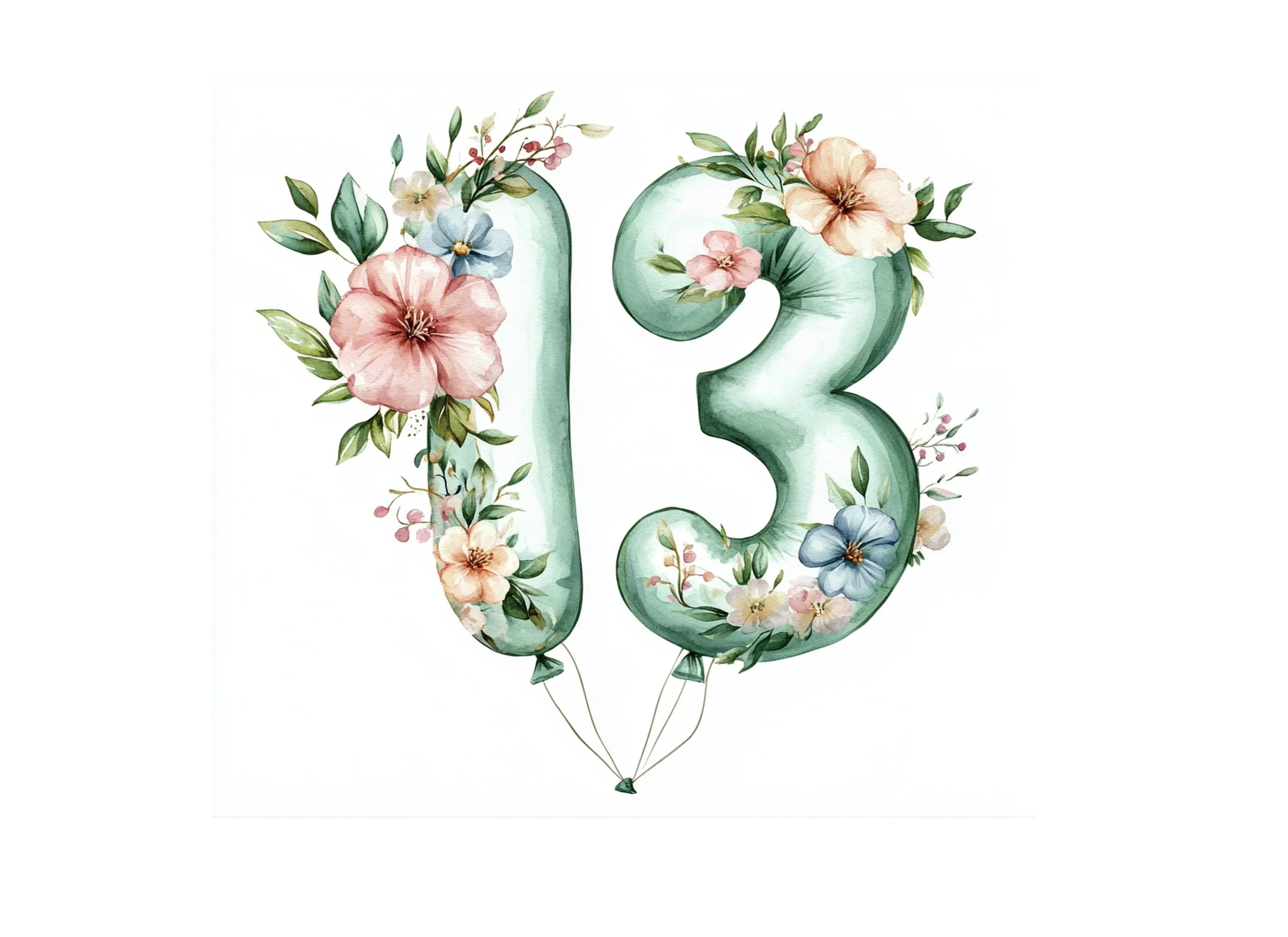 Floral Number 13 Balloon Clipart Bundle