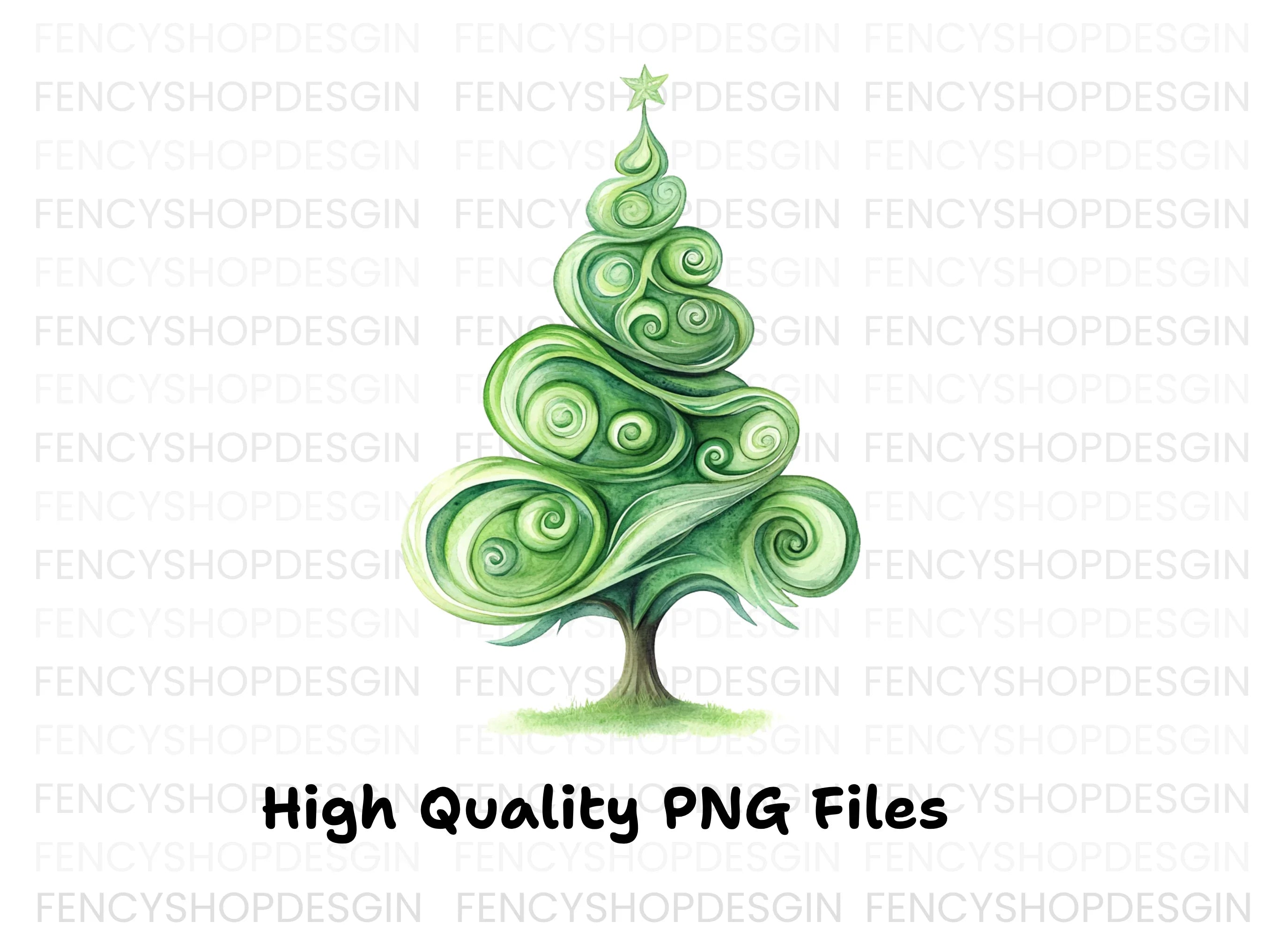 Whimsical Swirl Christmas Tree Clipart Bundle