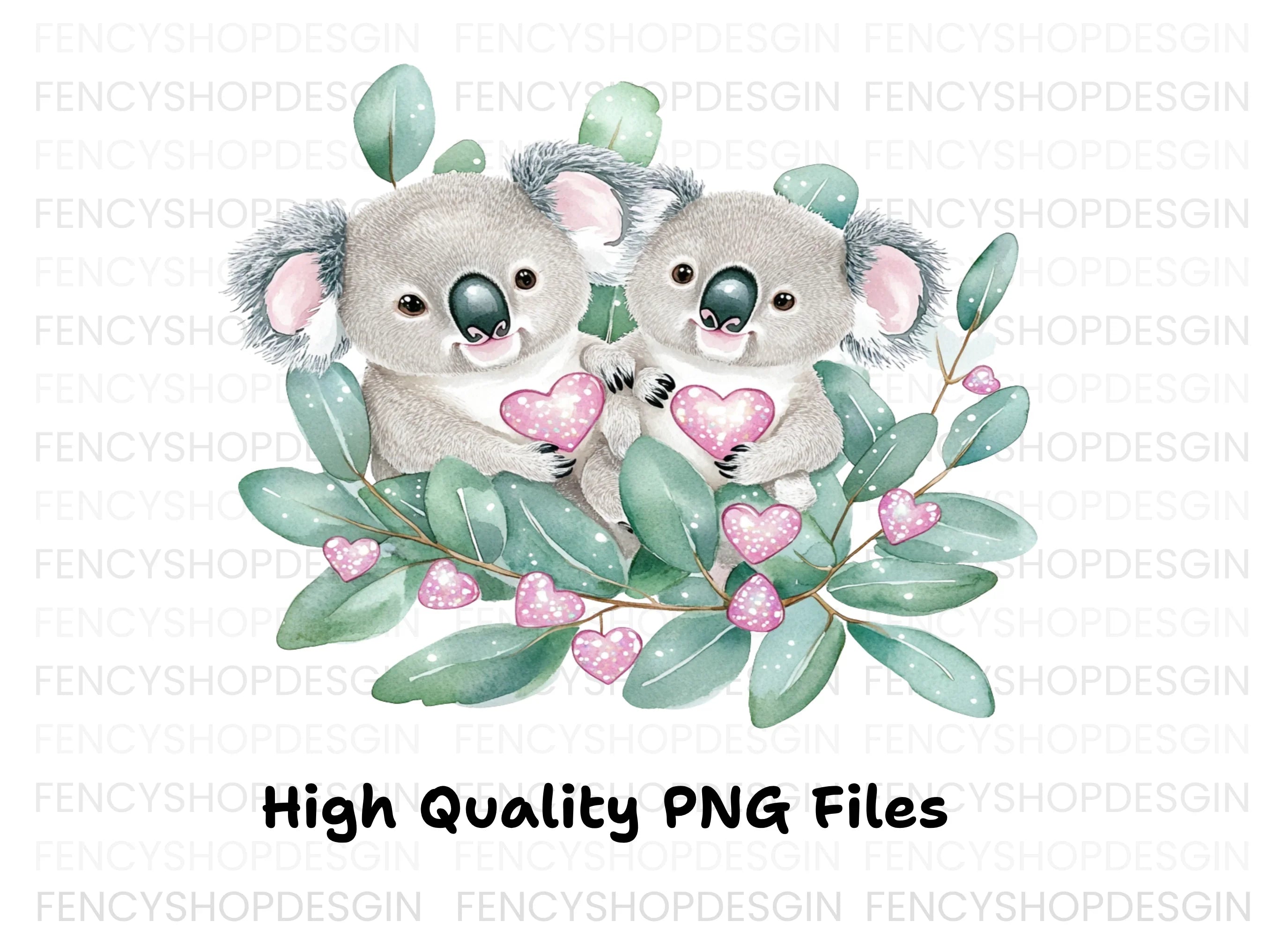 Cute Koala Couple with Pink Hearts Clipart Bundle