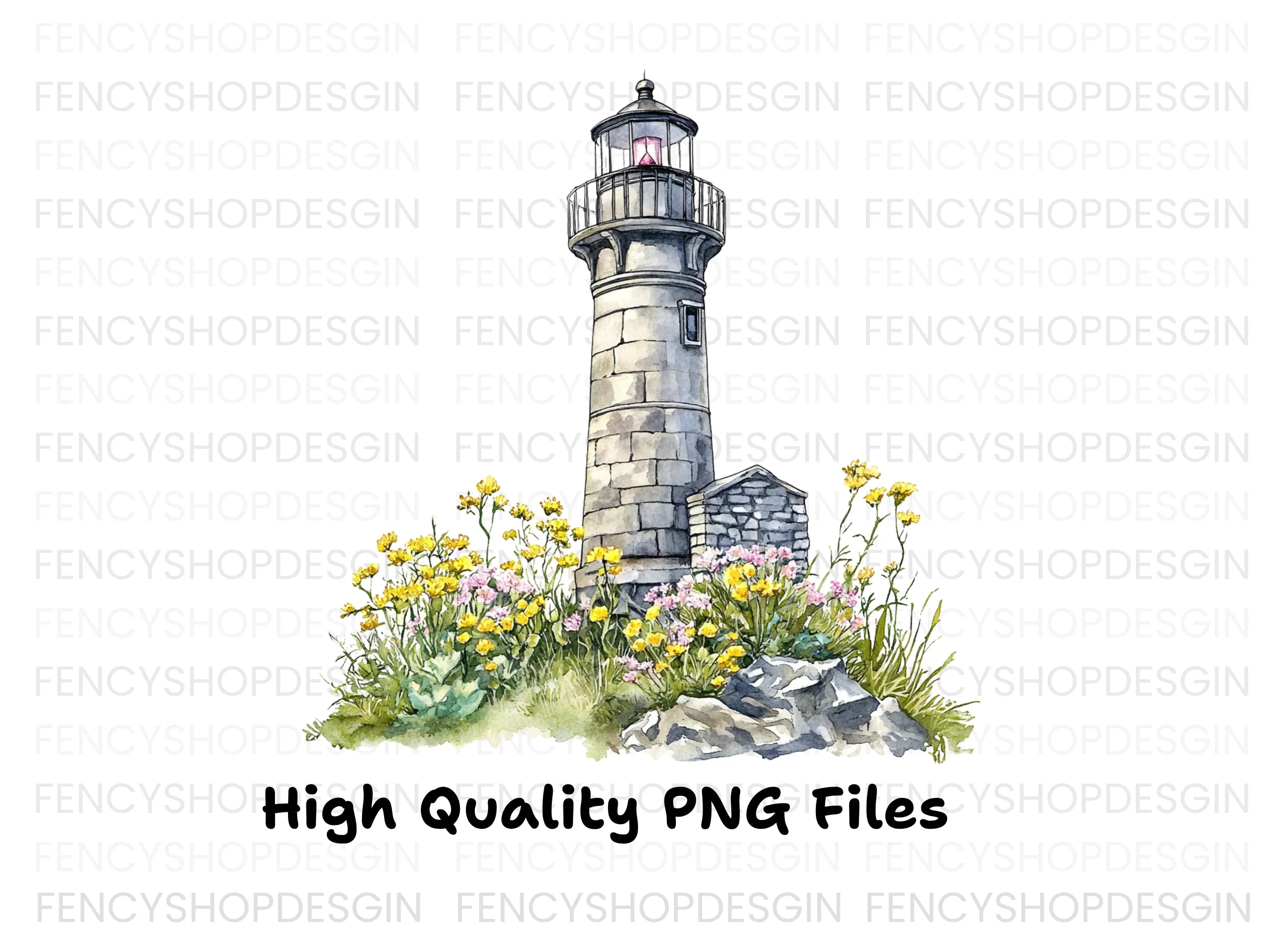 Stone Lighthouse with Flowers Clipart Bundle