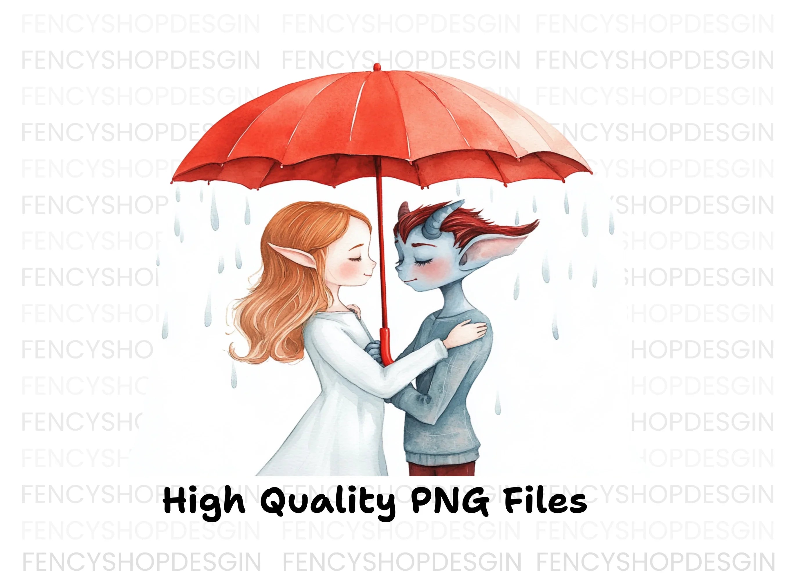 Fantasy Couple Under Red Umbrella Clipart Bundle