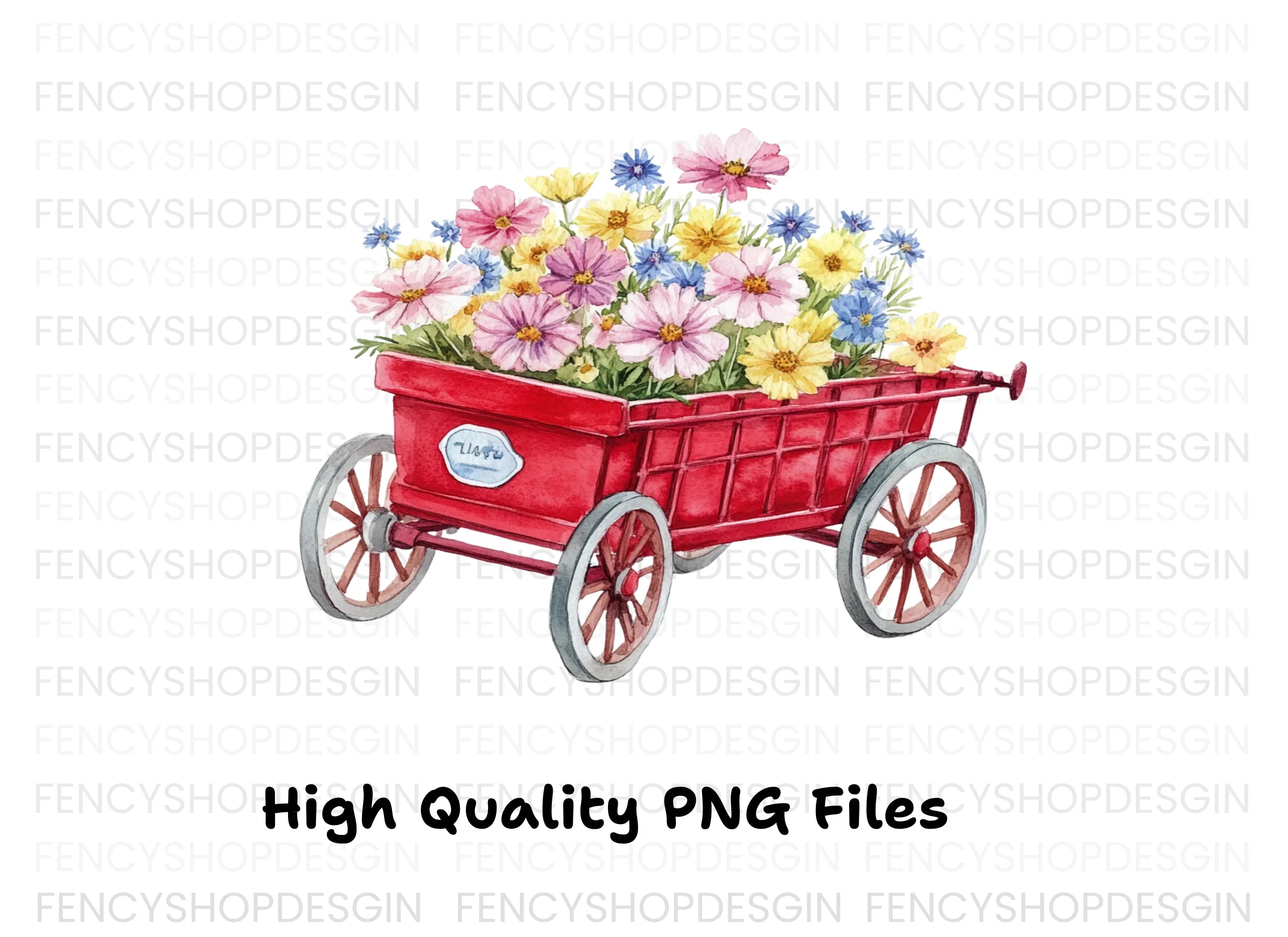 Red Wagon with Spring Flowers Clipart Bundle