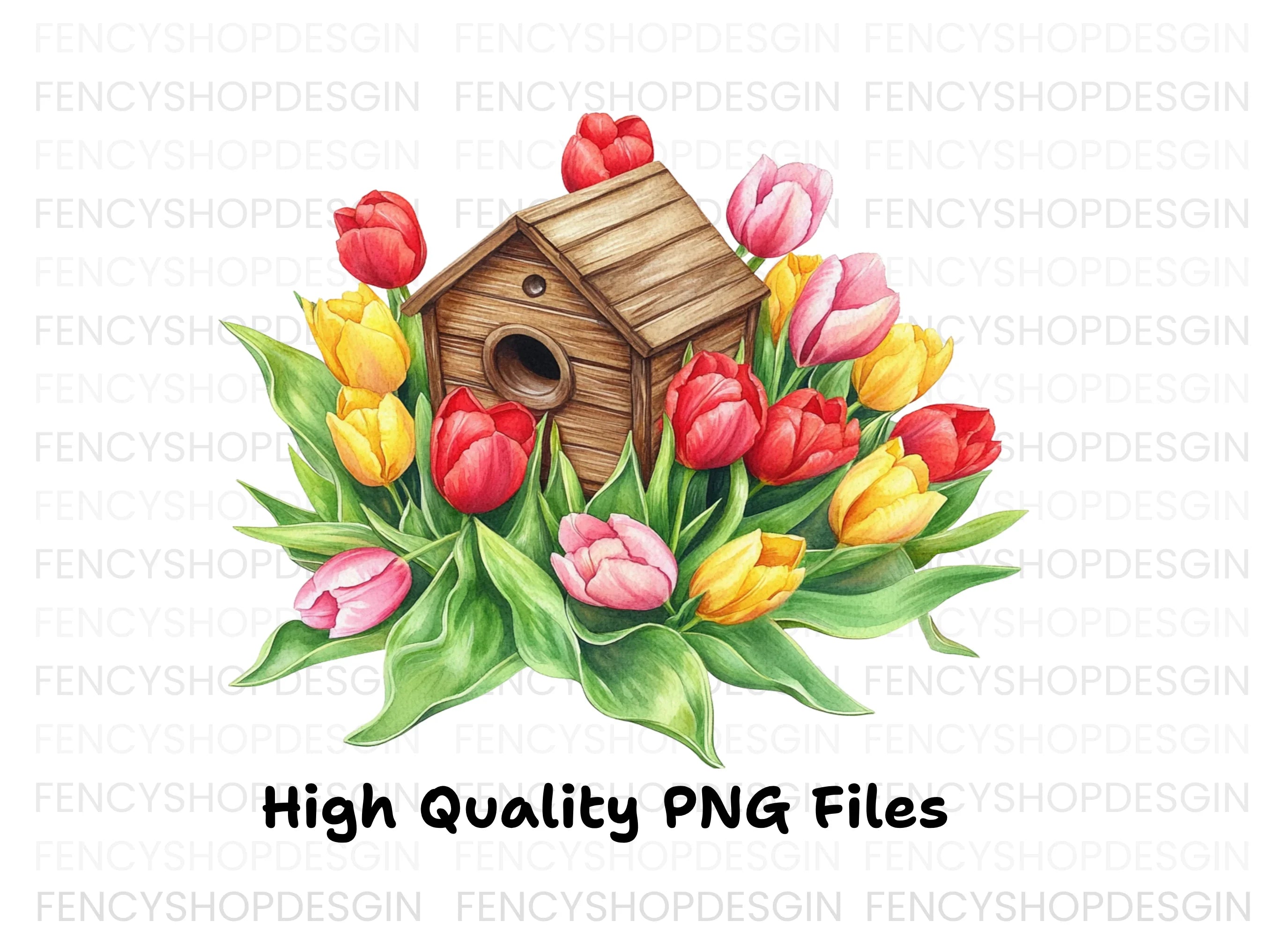 Colorful Tulips Birdhouse Clipart Bundle