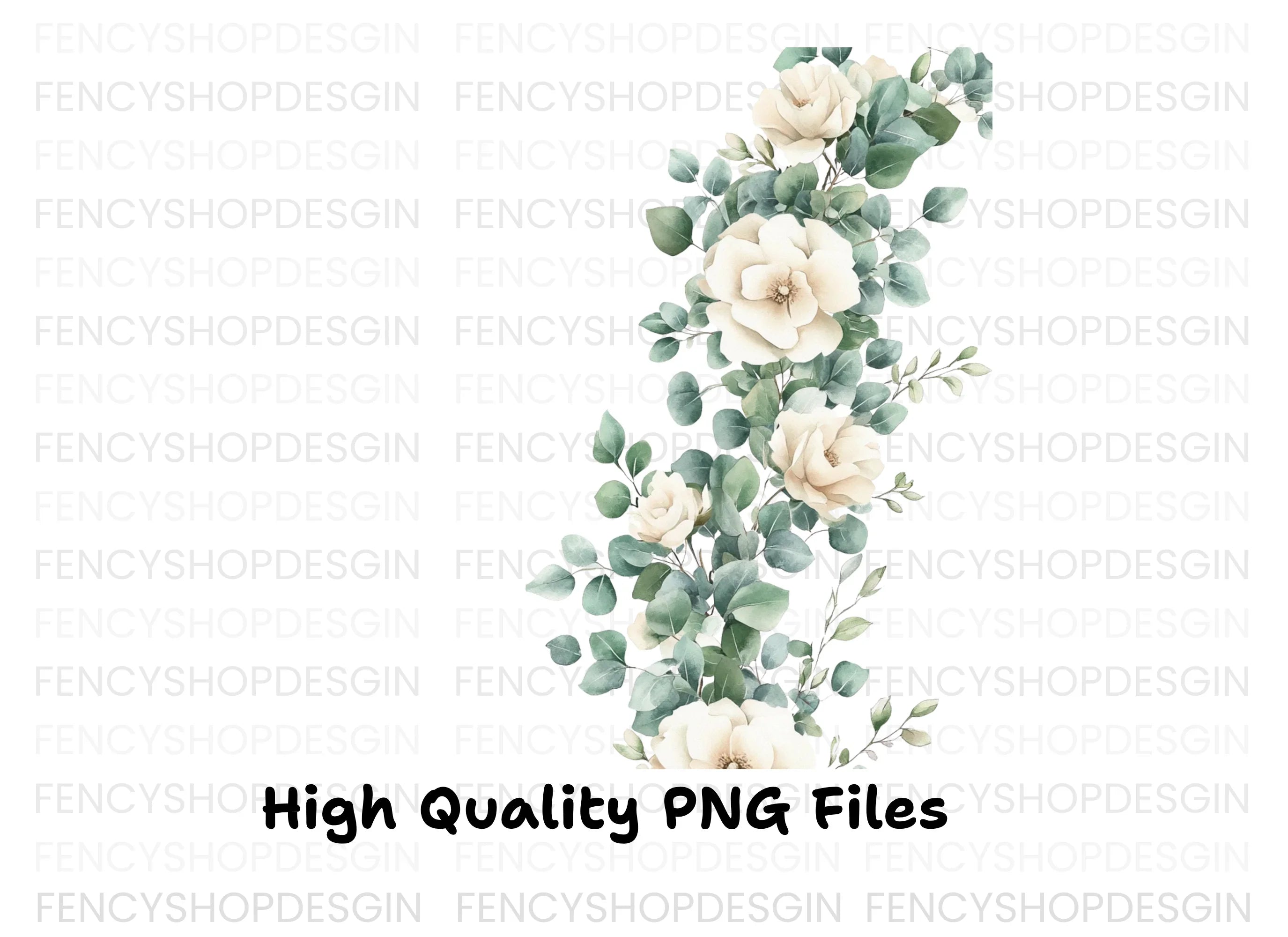 Elegant White Roses Eucalyptus Border Clipart Bundle