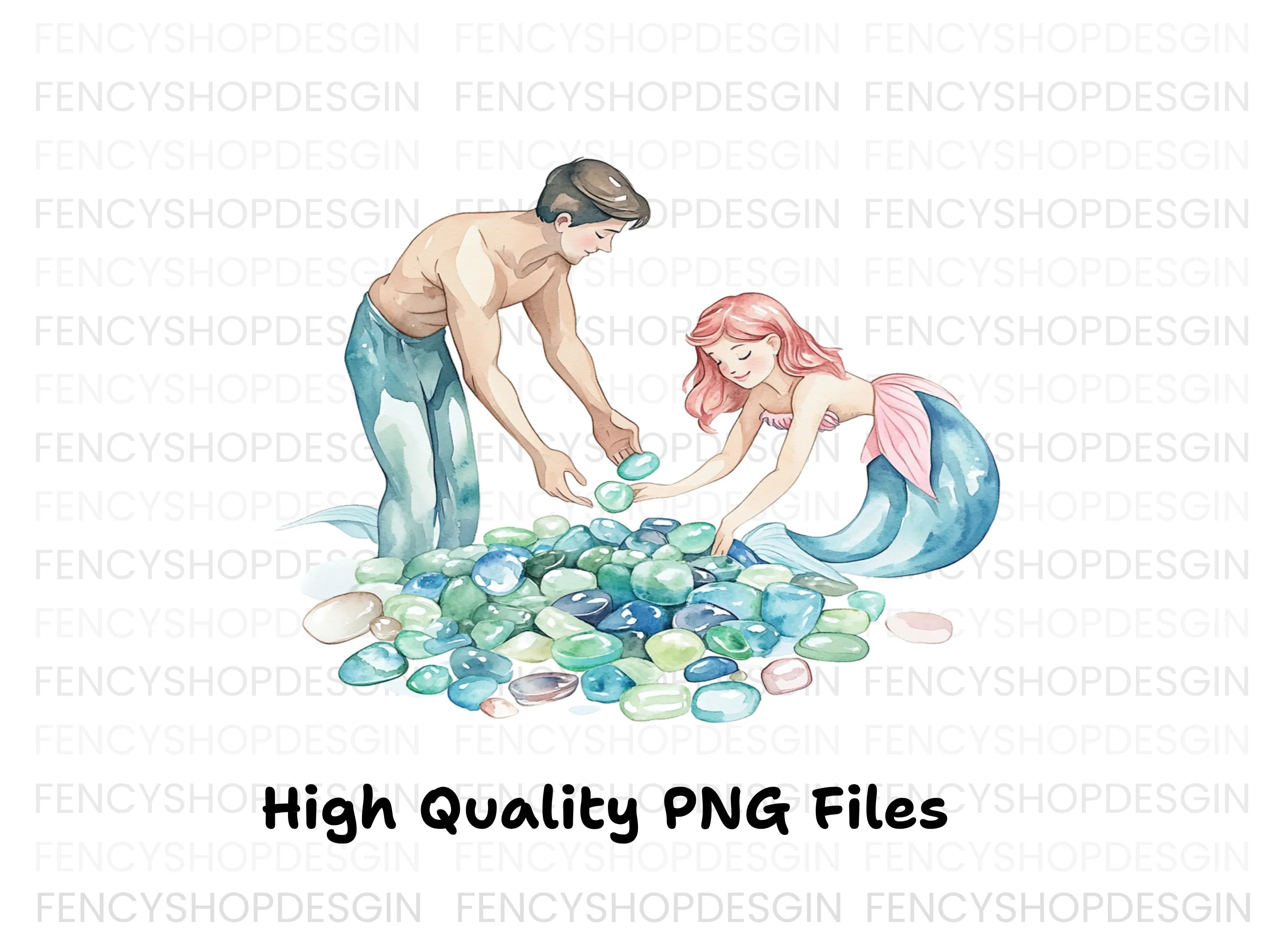 Mermaid and Merman Collecting Gems Clipart Bundle