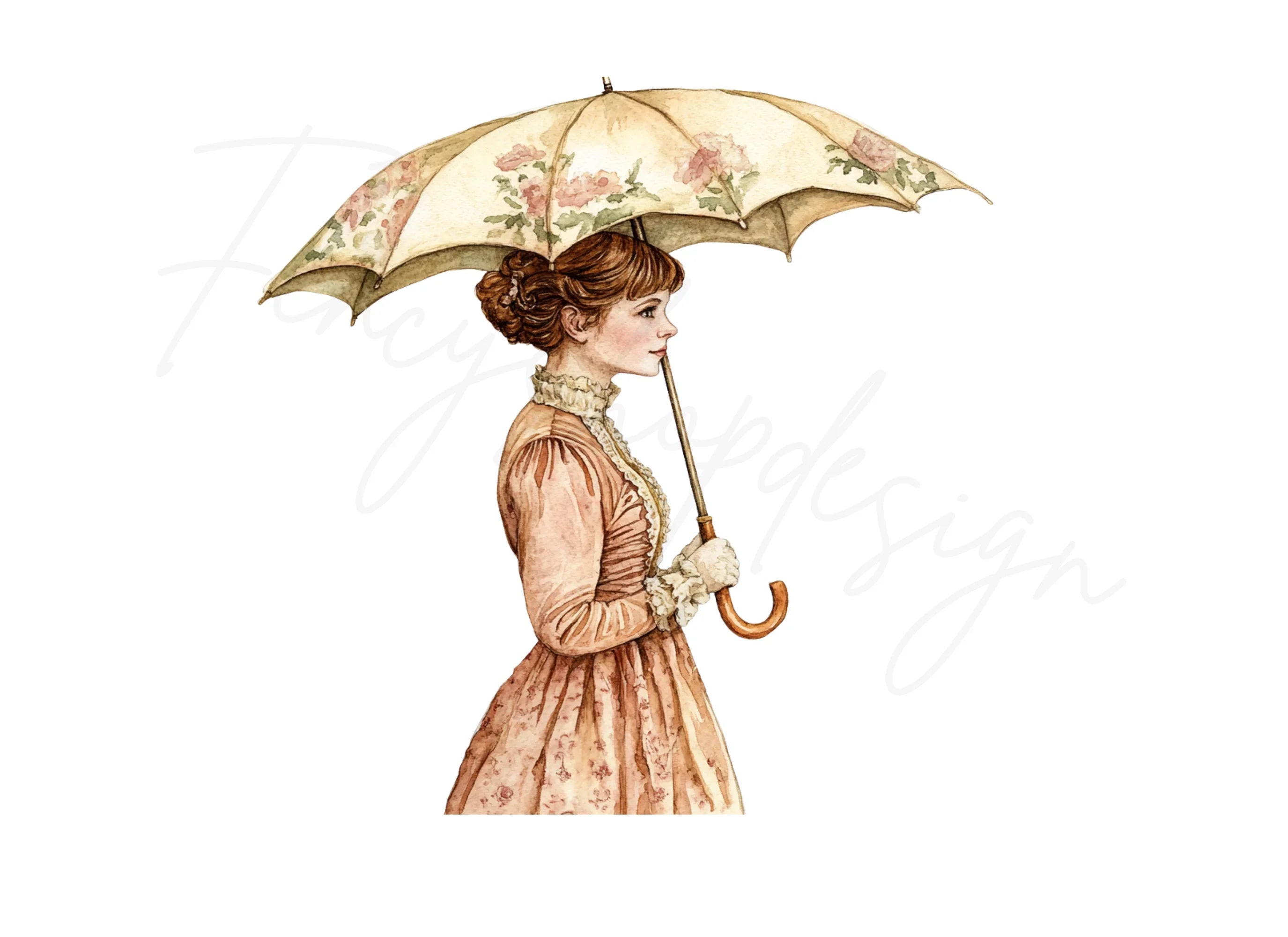 Victorian Lady with Floral Umbrella Clipart Bundle