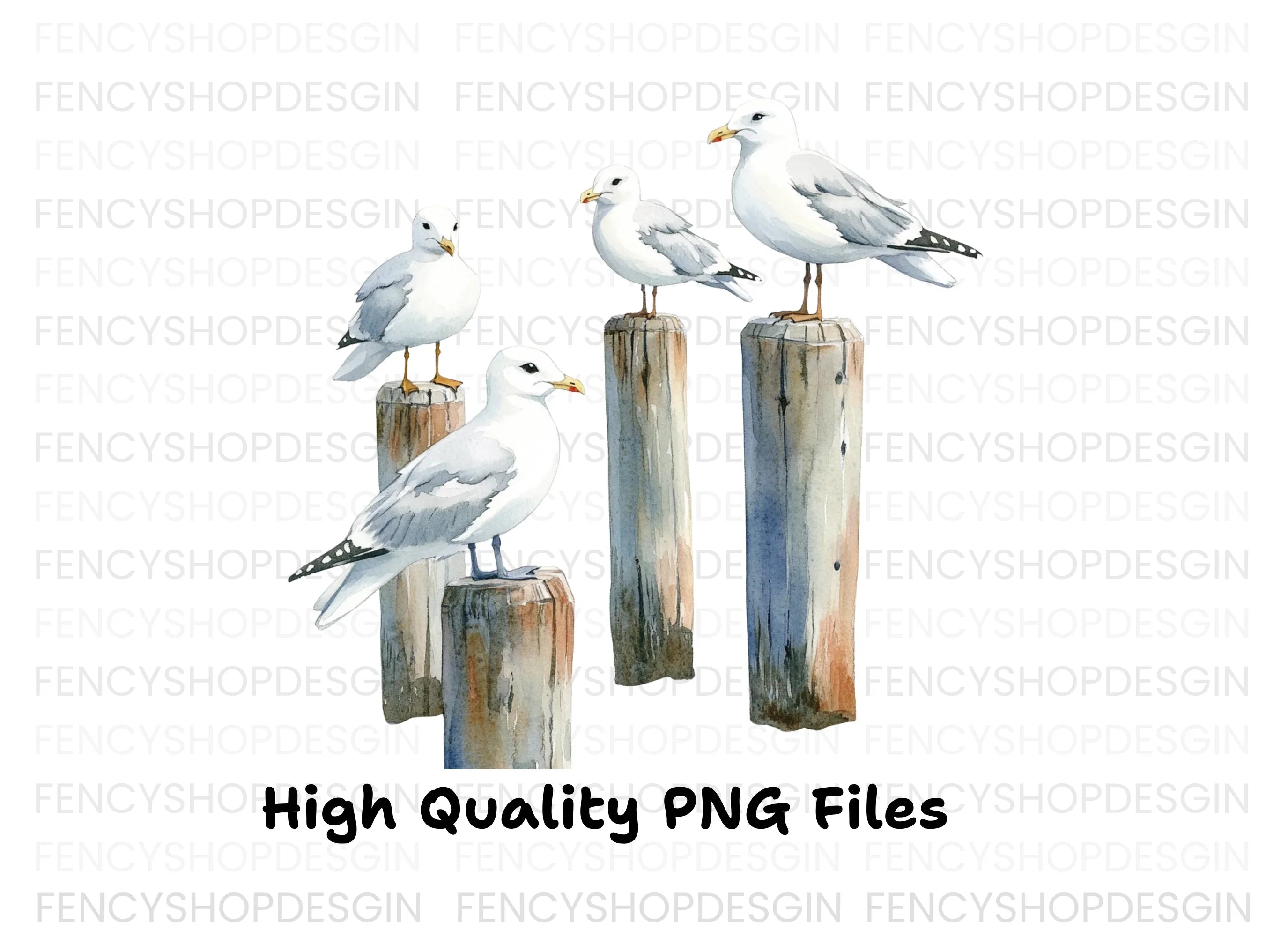 Seagulls on Pier Posts Clipart Bundle