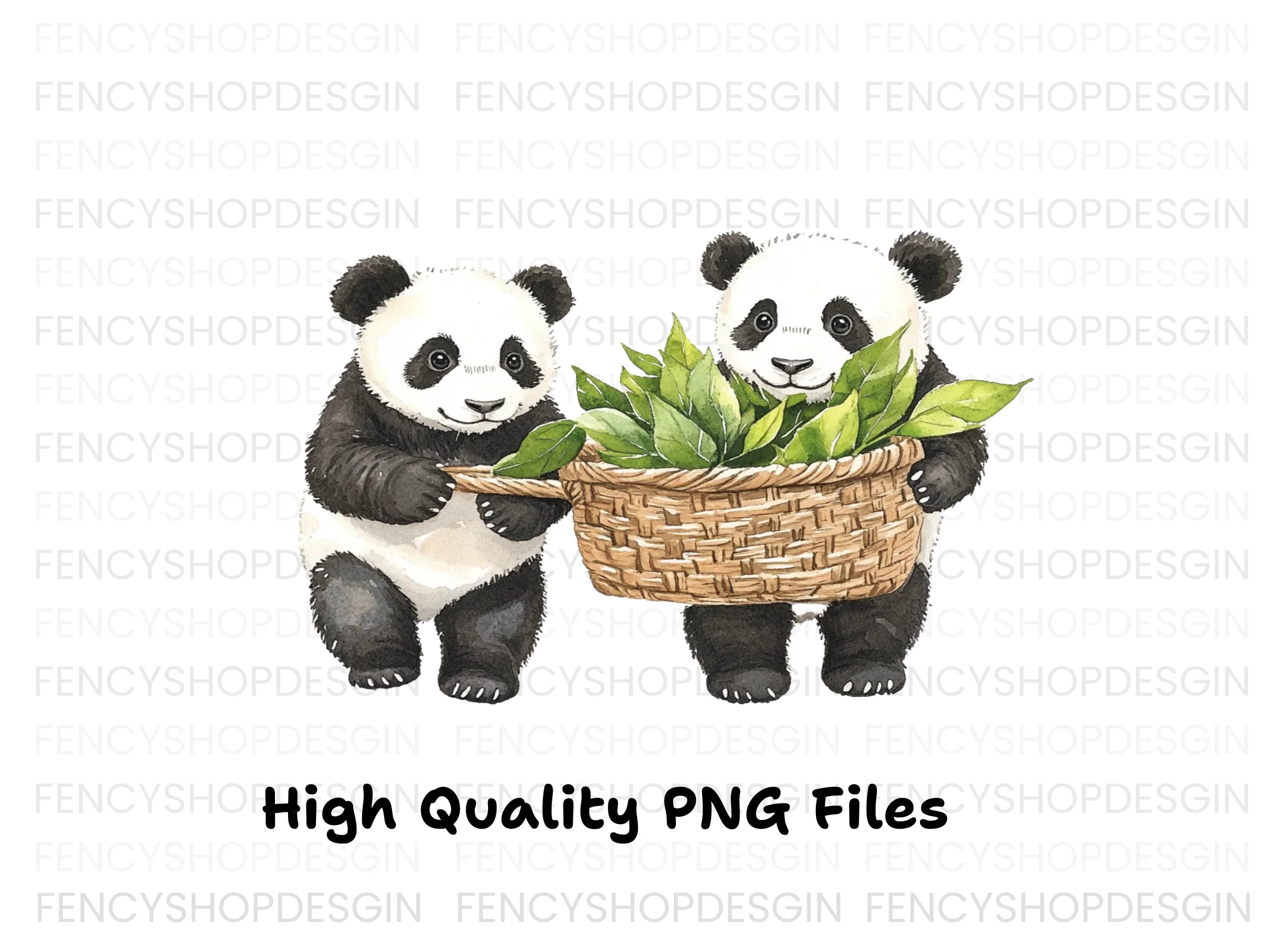 Panda with Baskets of Leaves Clipart Bundle