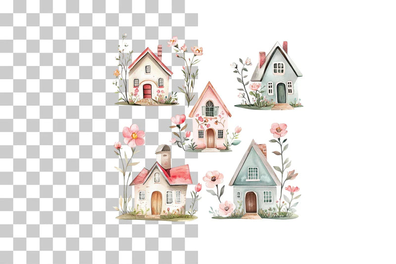 Floral Whimsical Village Cottages Clipart Bundle - CraftNest - Digital Crafting and Art