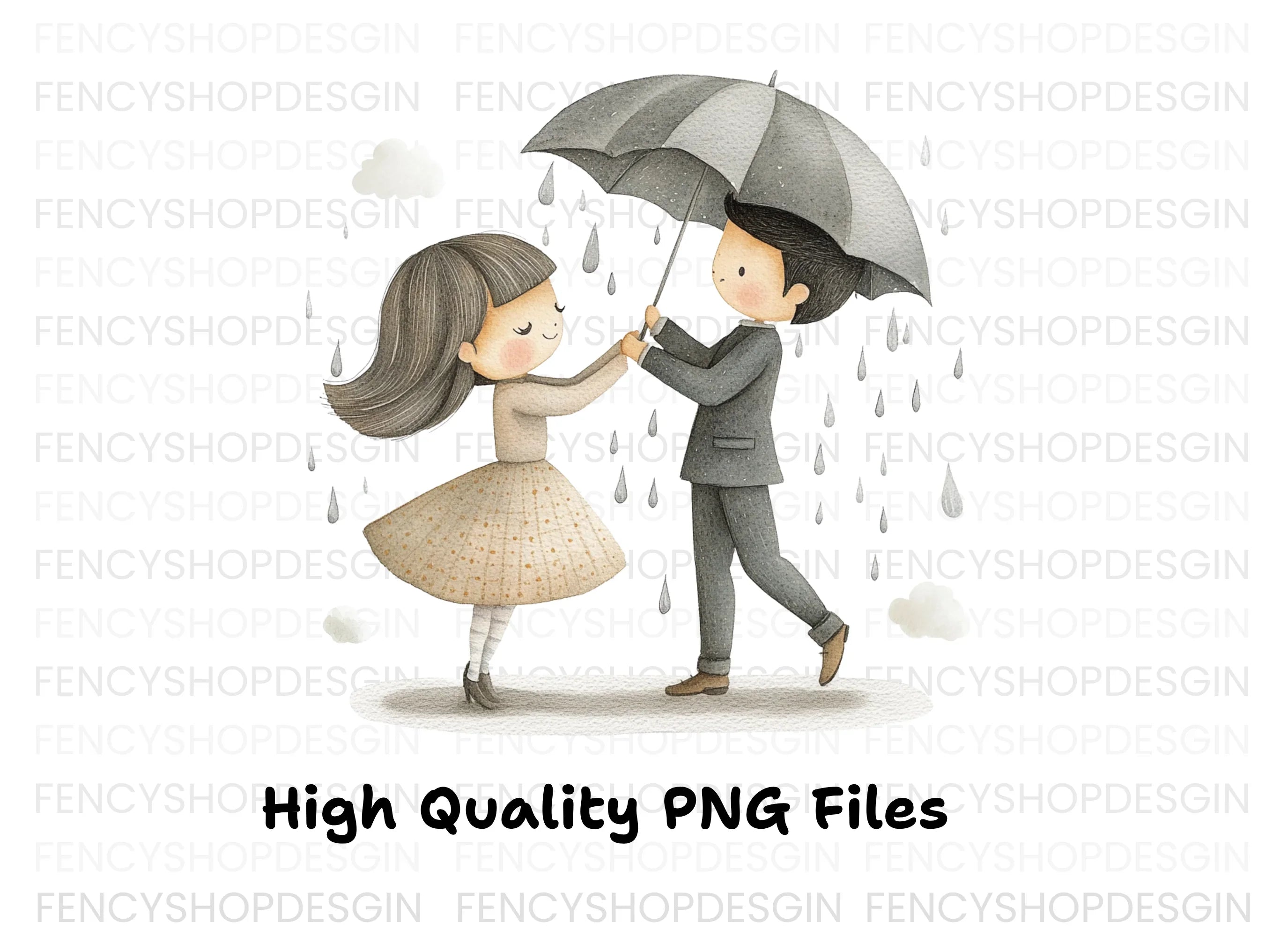 Cute Couple Sharing Umbrella Clipart Bundle