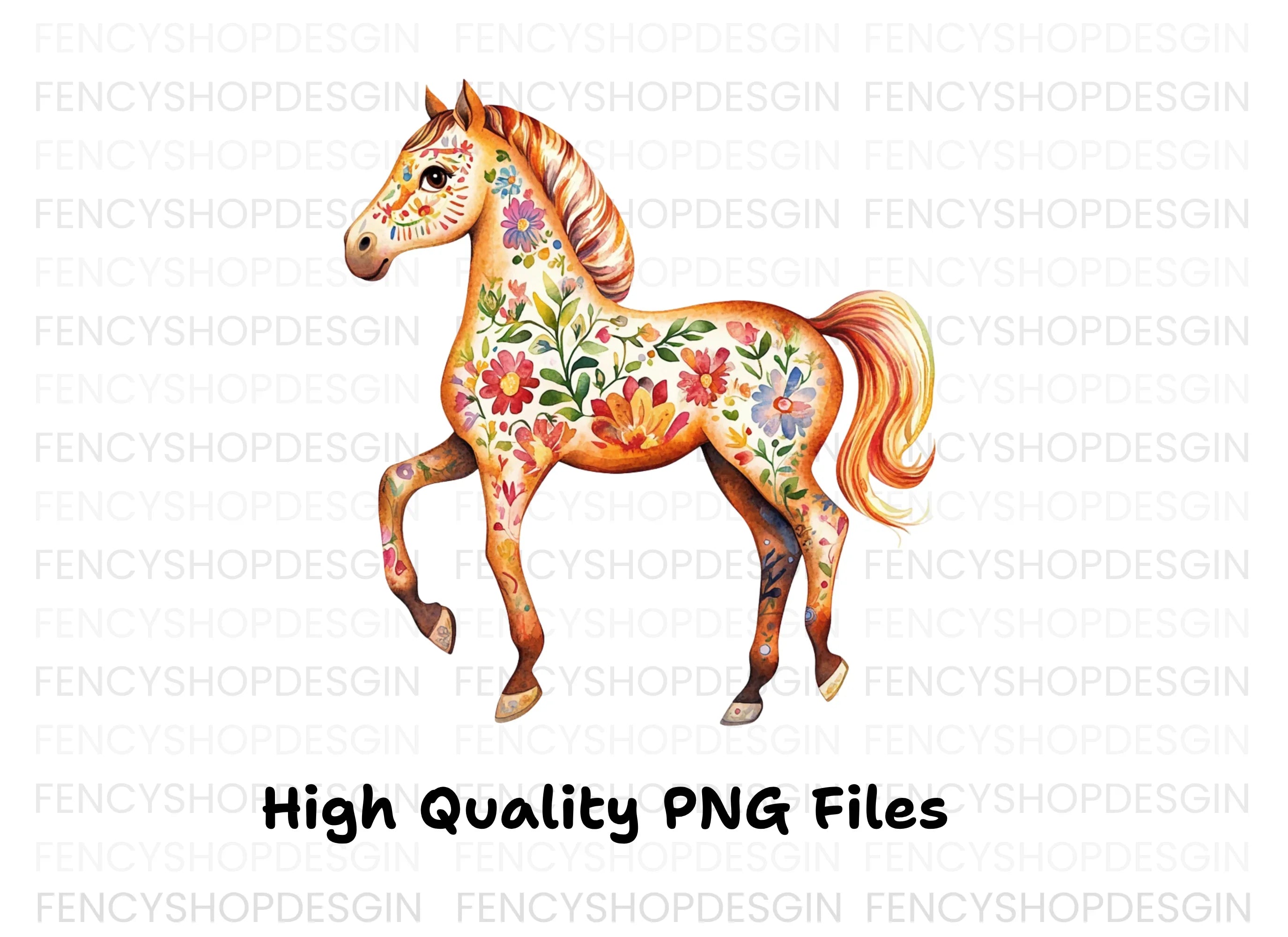 Floral Decorated Horses Clipart Bundle