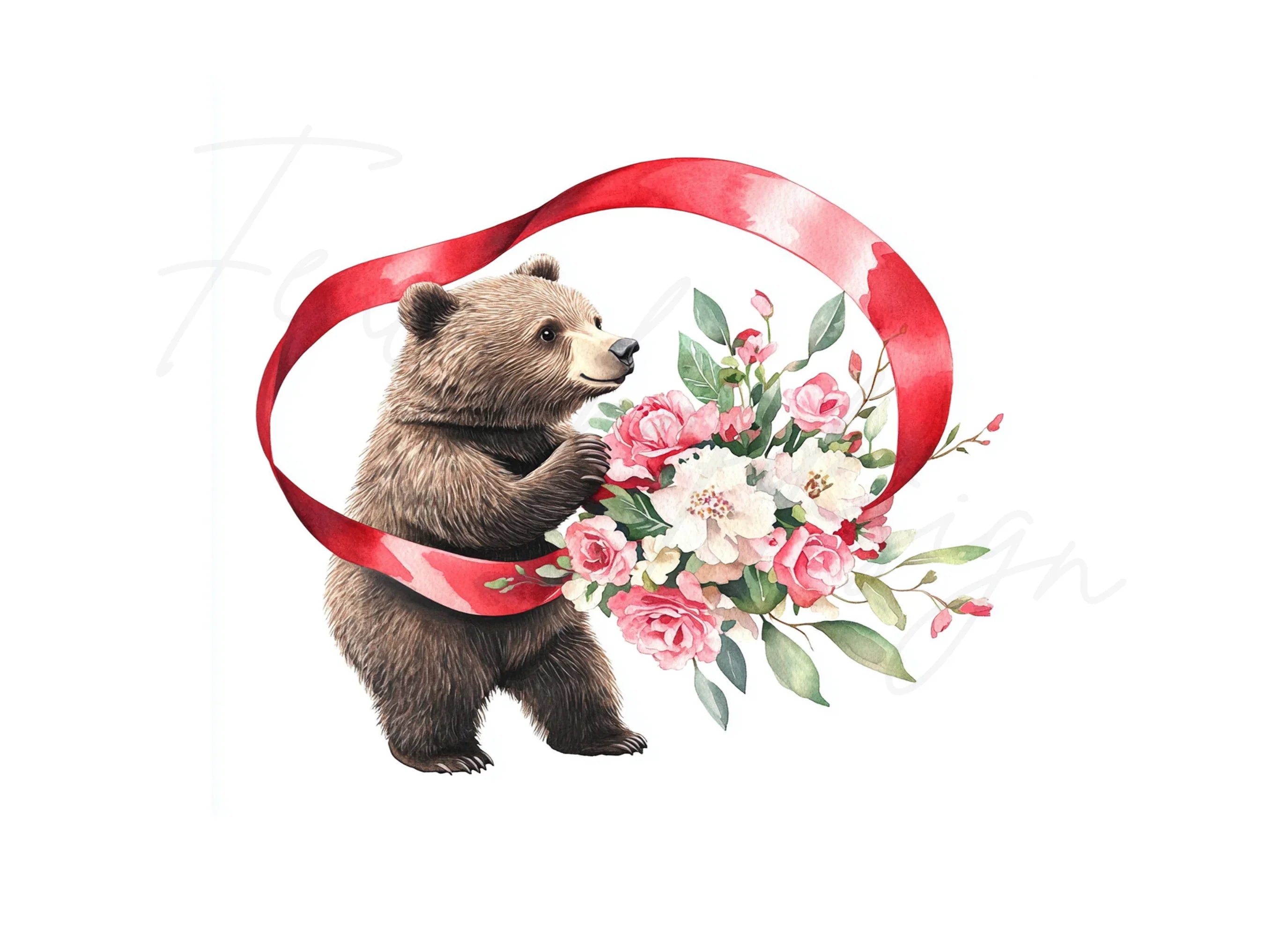 Cute Bear with Red Ribbon Clipart Bundle