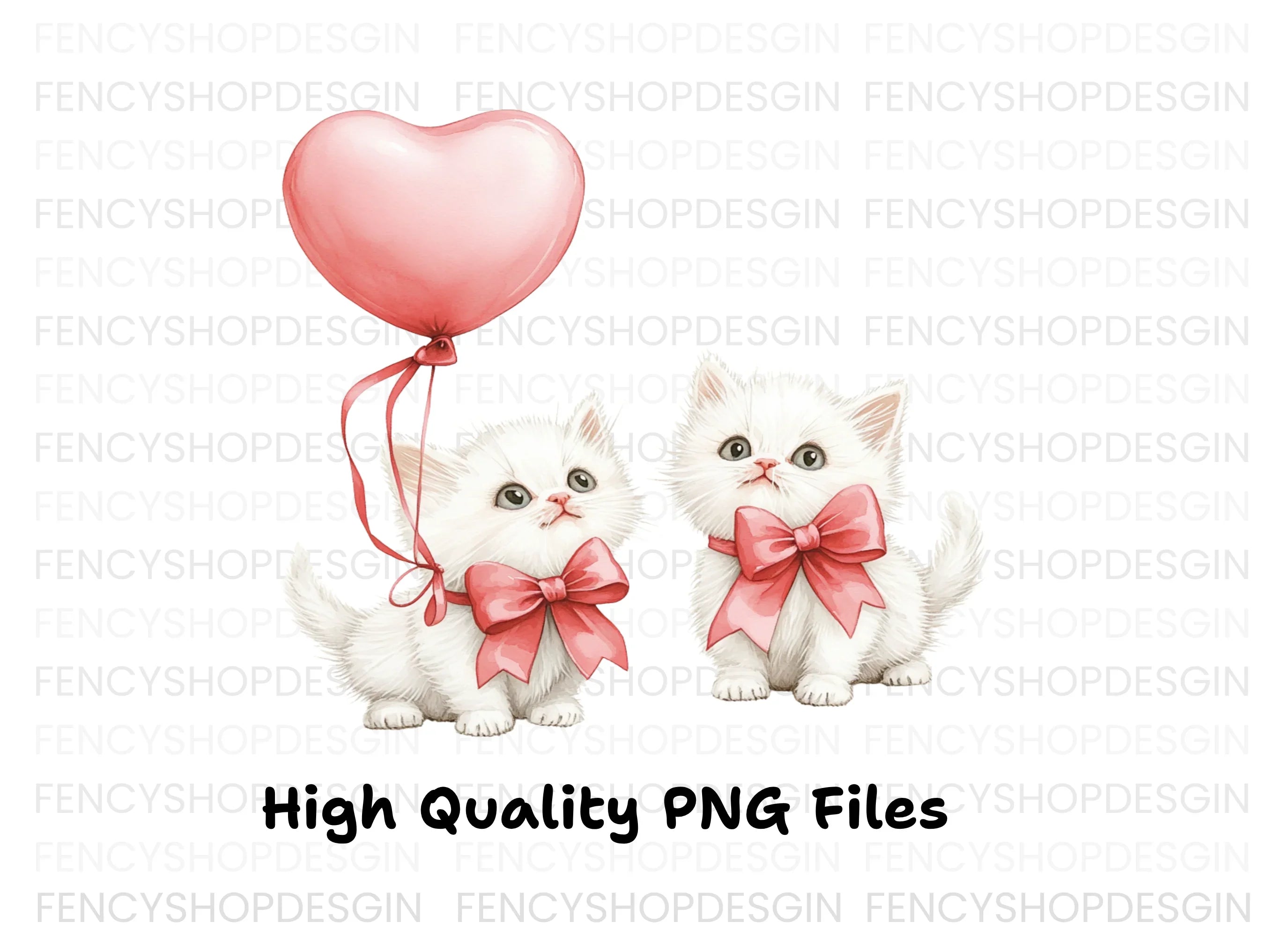 Cute Kittens with Pink Heart Balloons Clipart Bundle