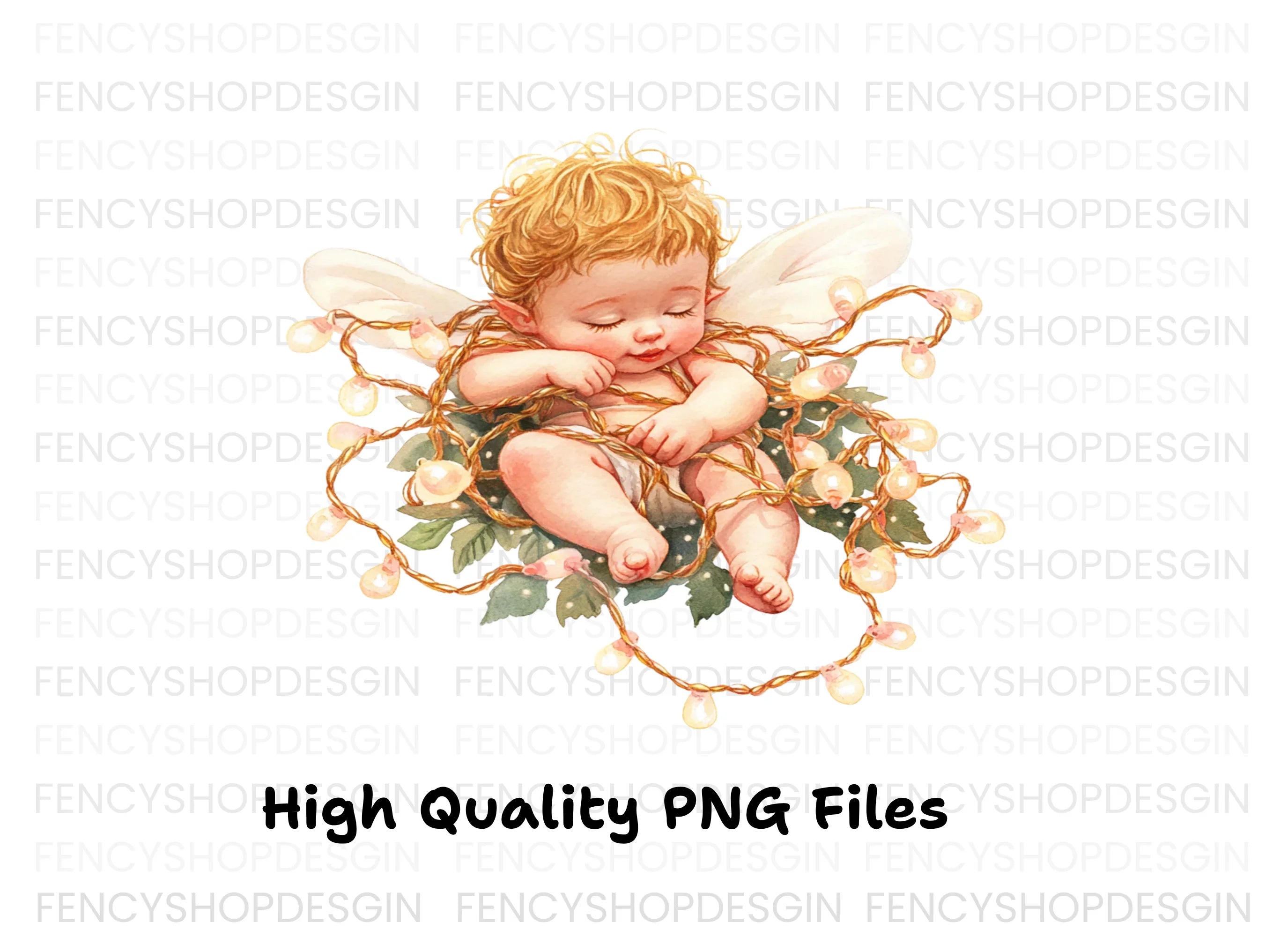 Sleeping Baby Angel with Fairy Lights Clipart Bundle