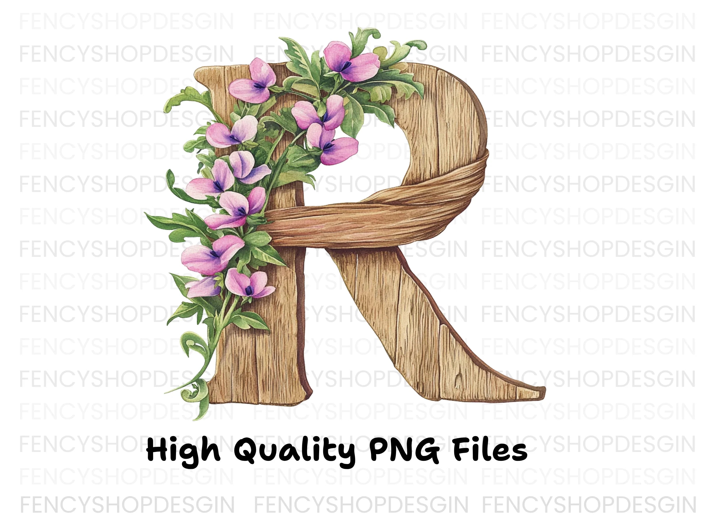 Floral Wooden Letter Clipart Bundle