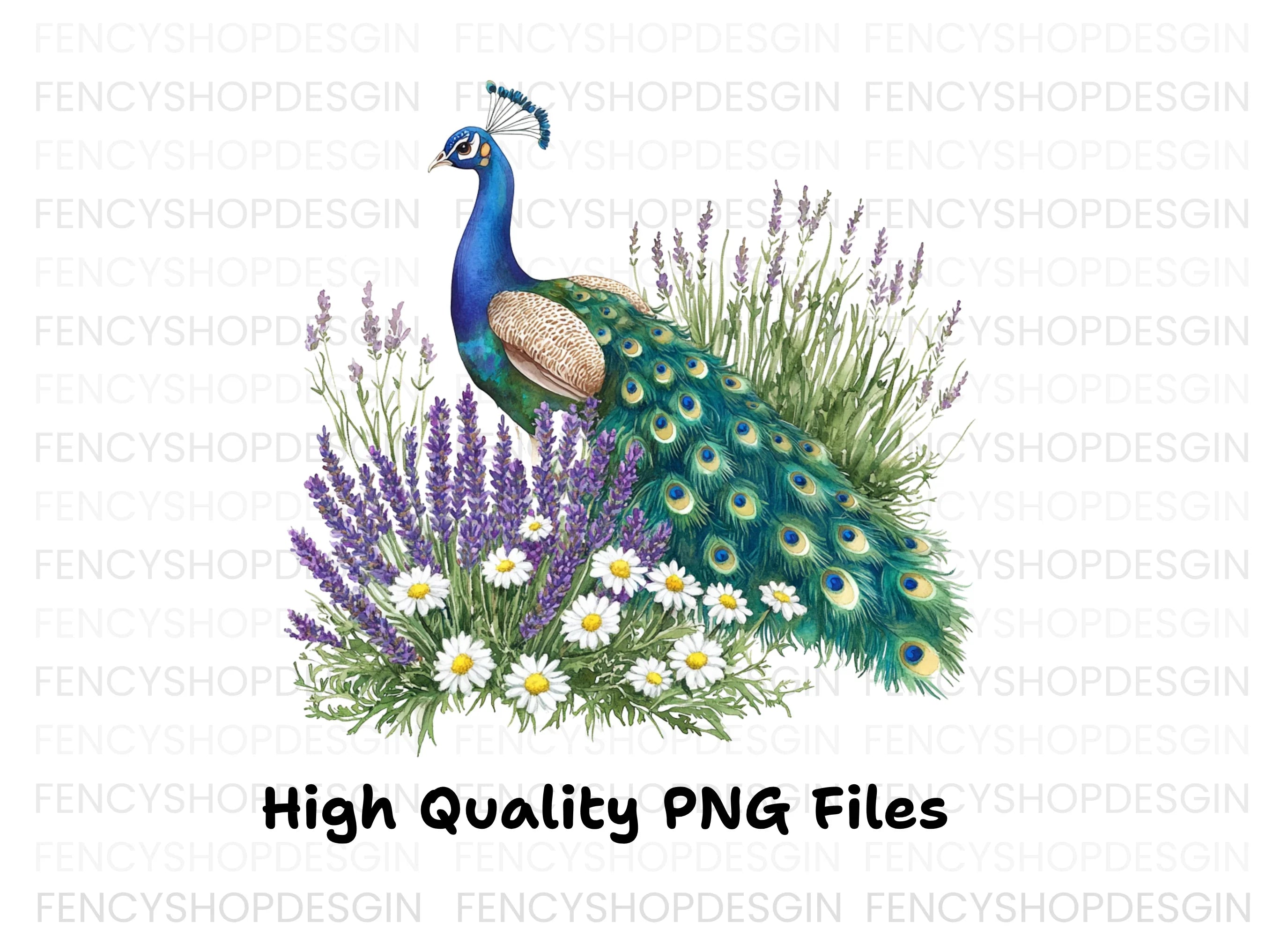 Peacock with Lavender and Daisies Clipart Bundle