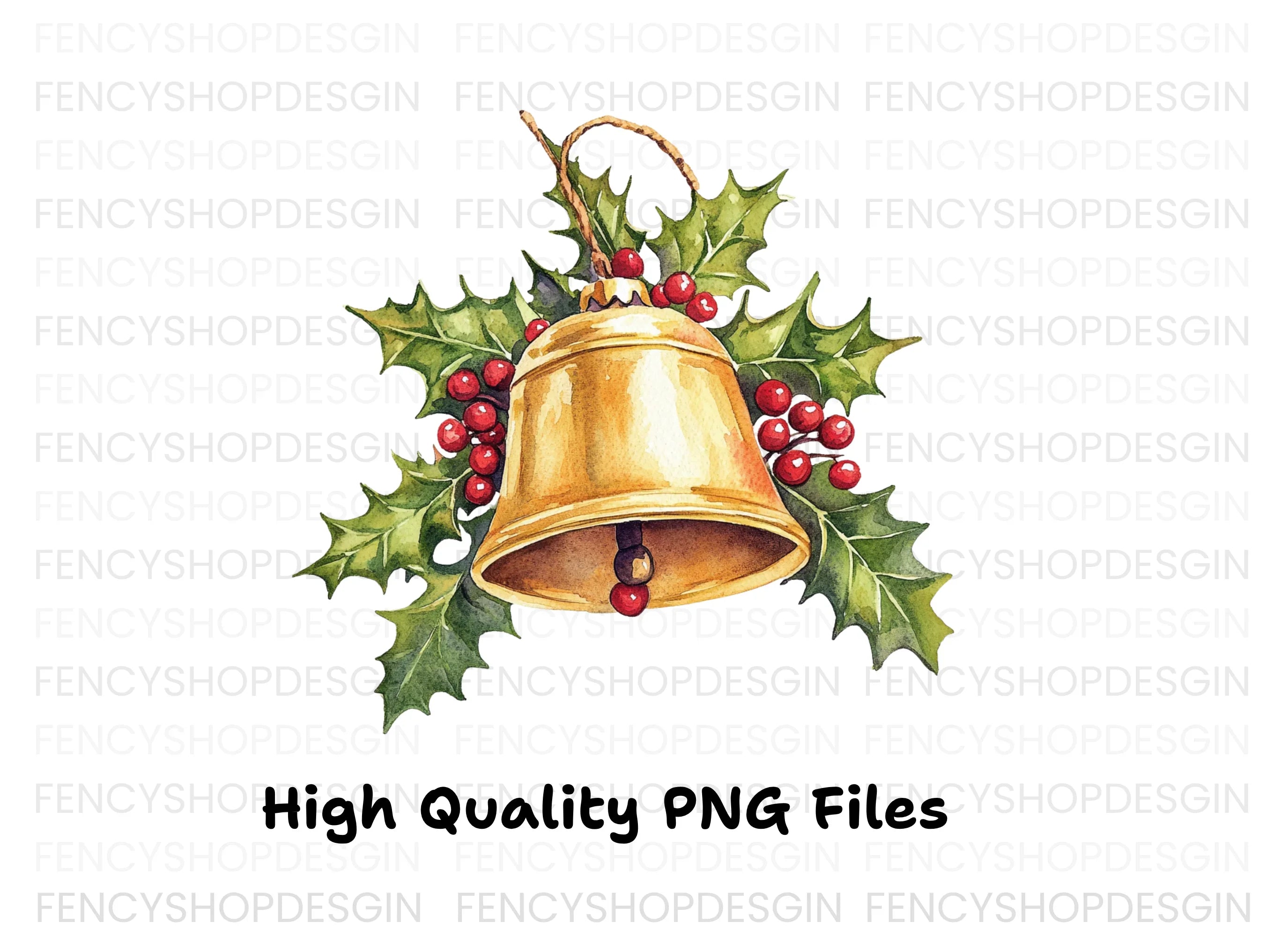 Golden Christmas Bells with Holly Clipart Bundle