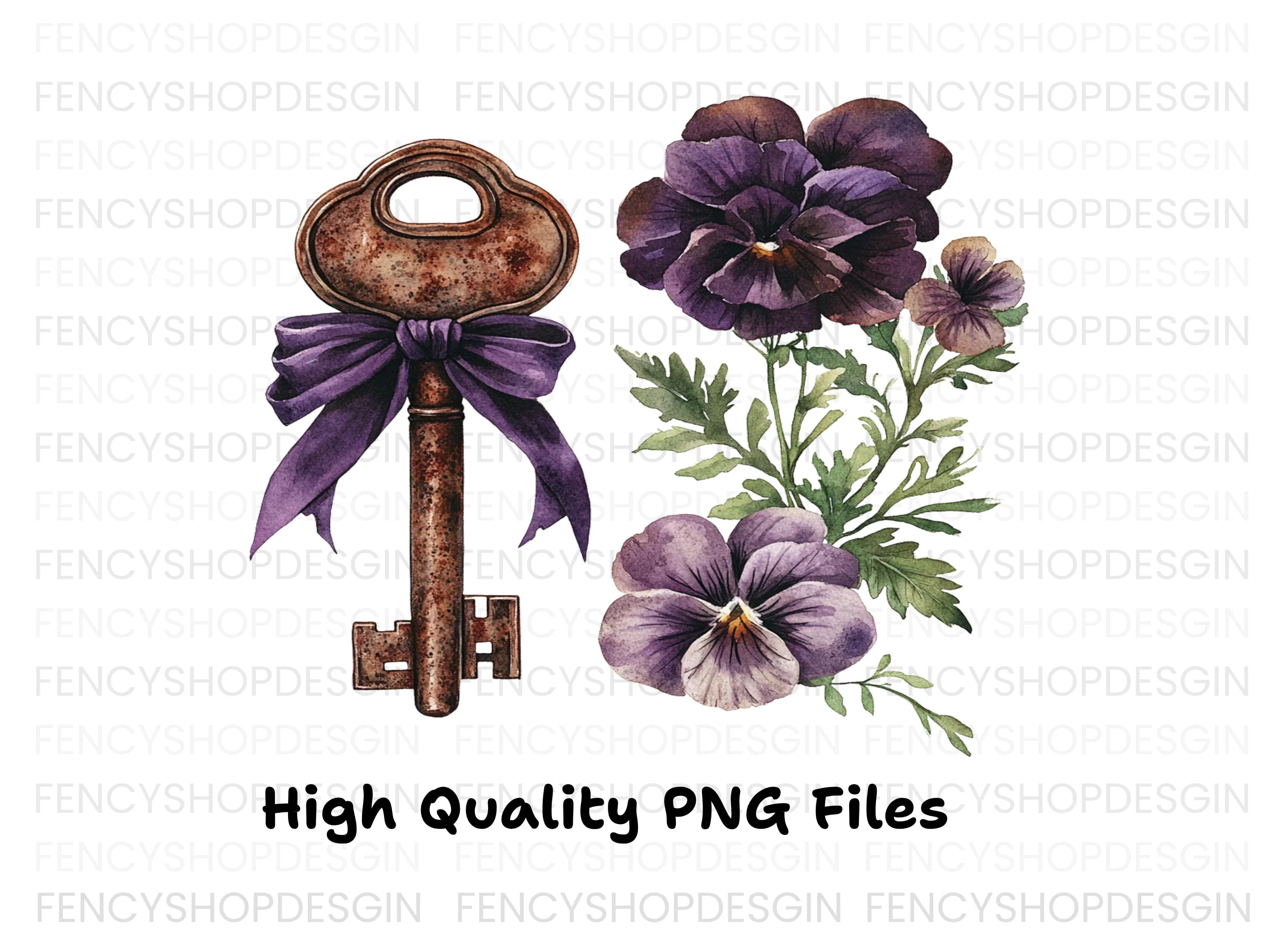 Vintage Keys with Purple Ribbons Clipart Bundle