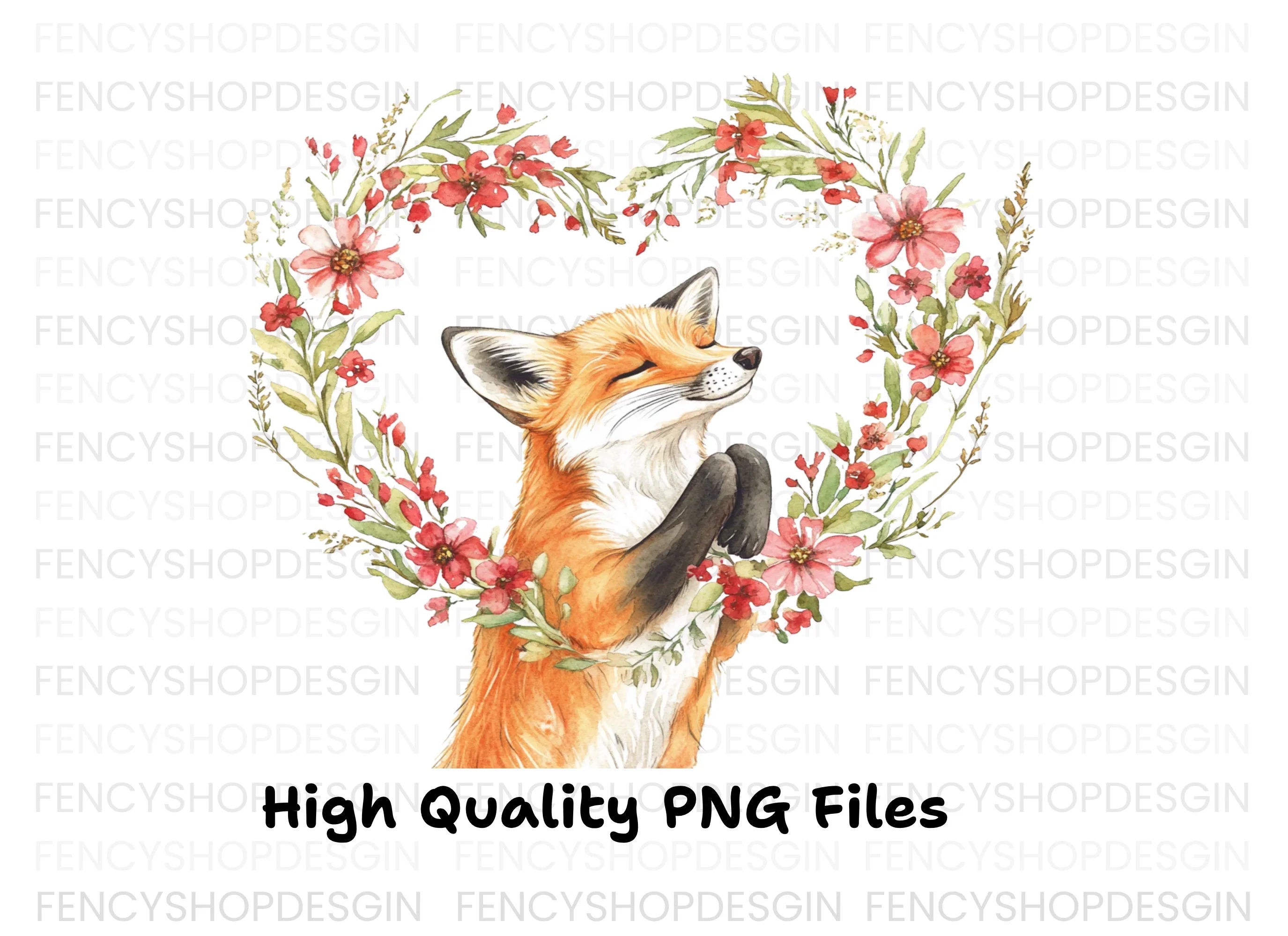 Cute Fox with Floral Heart Clipart Bundle