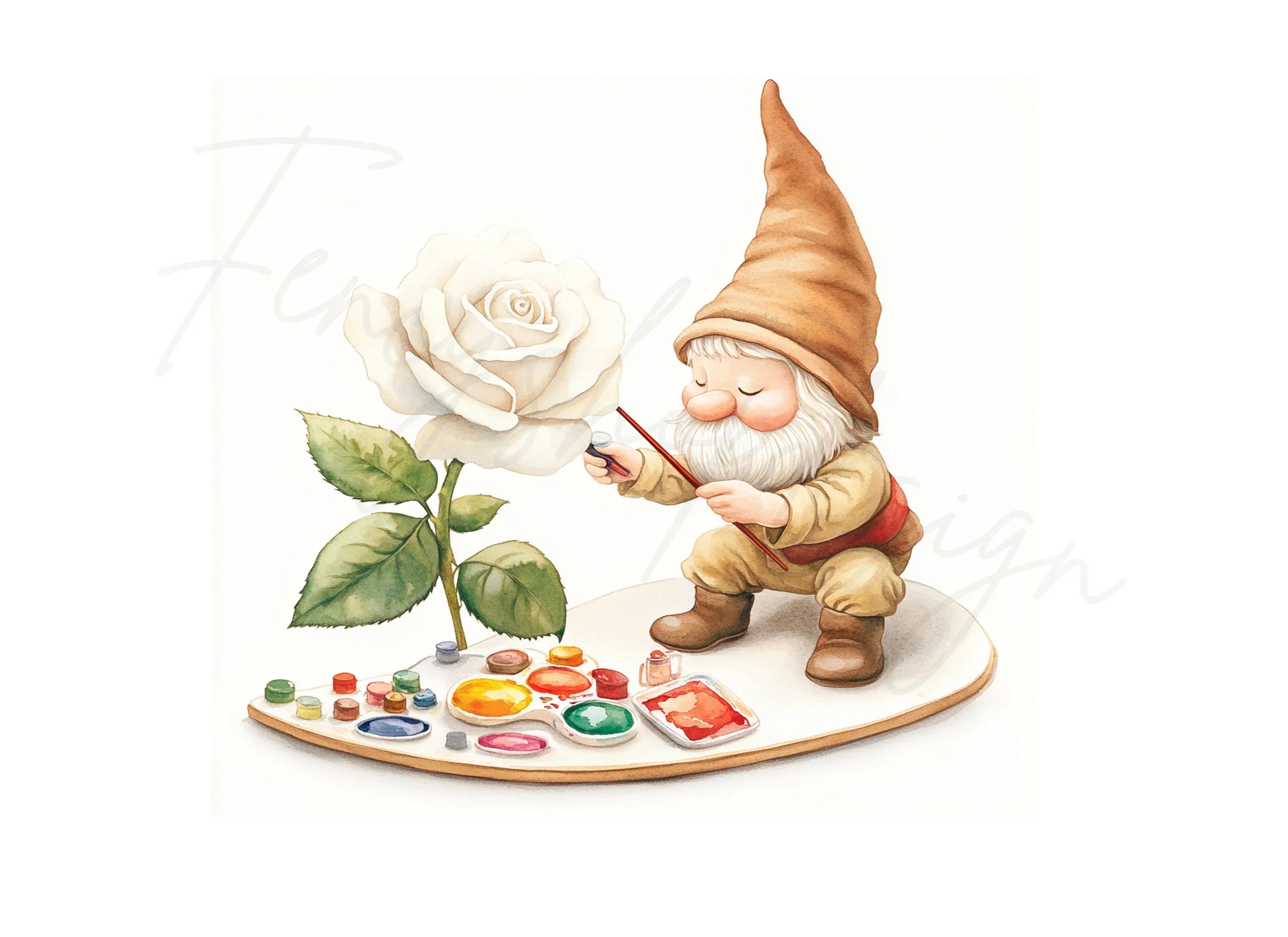 Gnome Painting White Rose Clipart Bundle