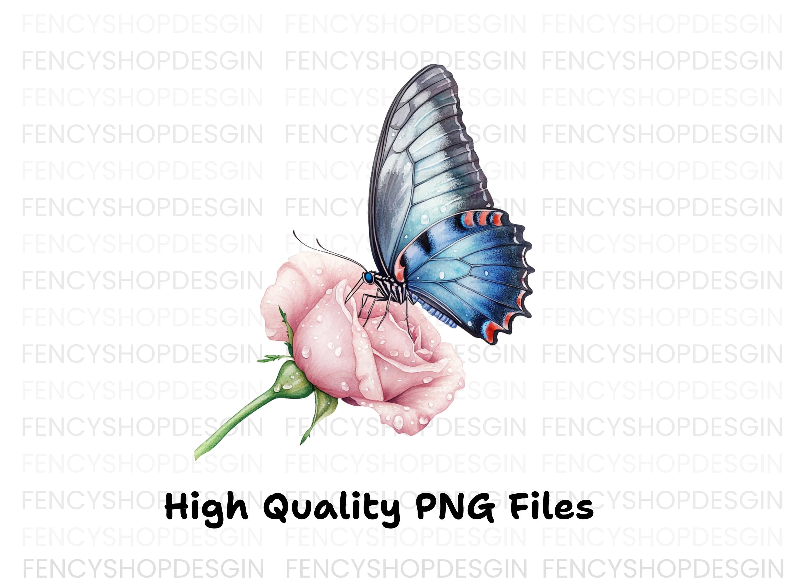 Blue Butterfly Pink Rose Clipart Bundle