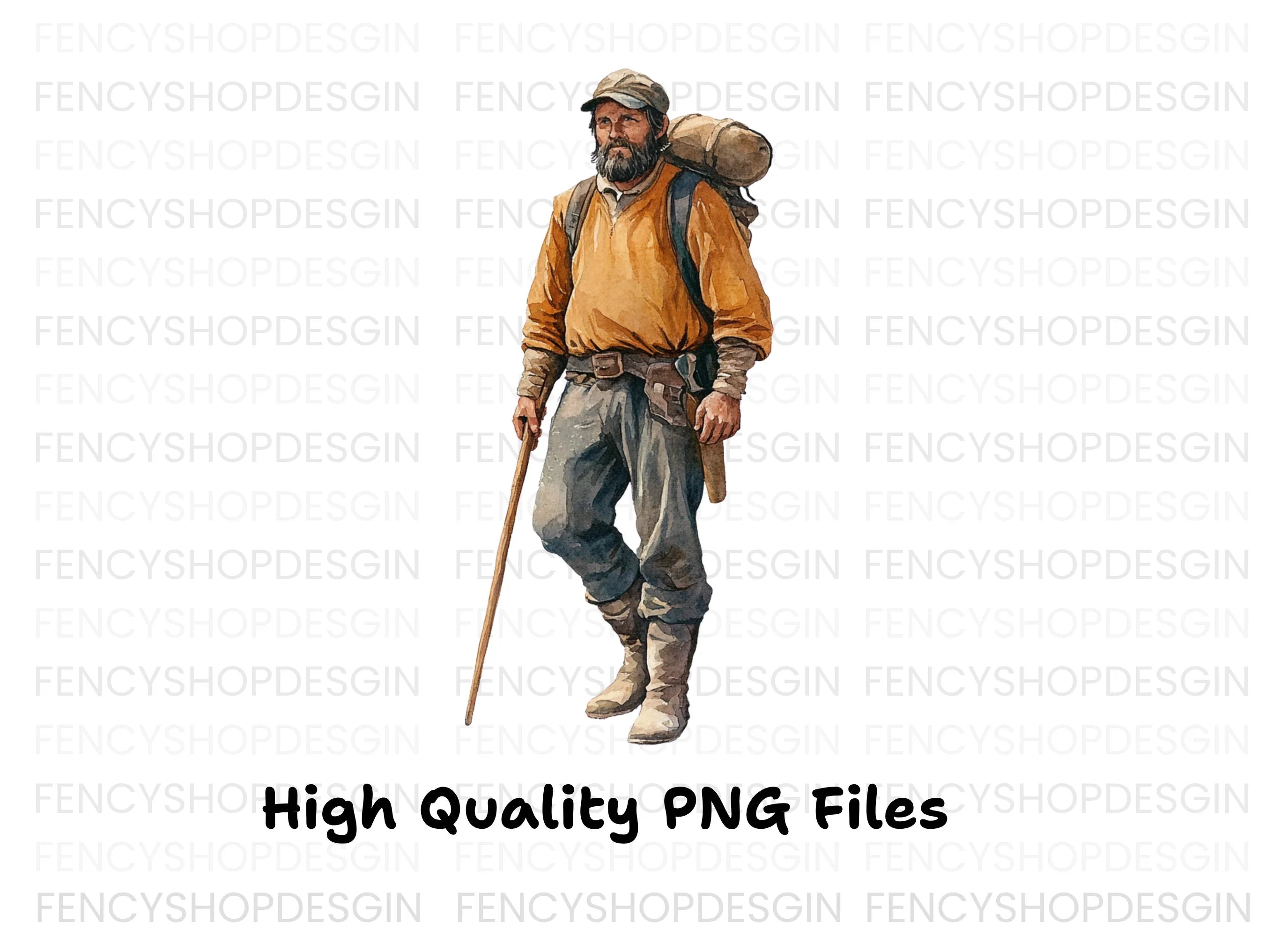 Bearded Hiker with Staff Clipart Bundle