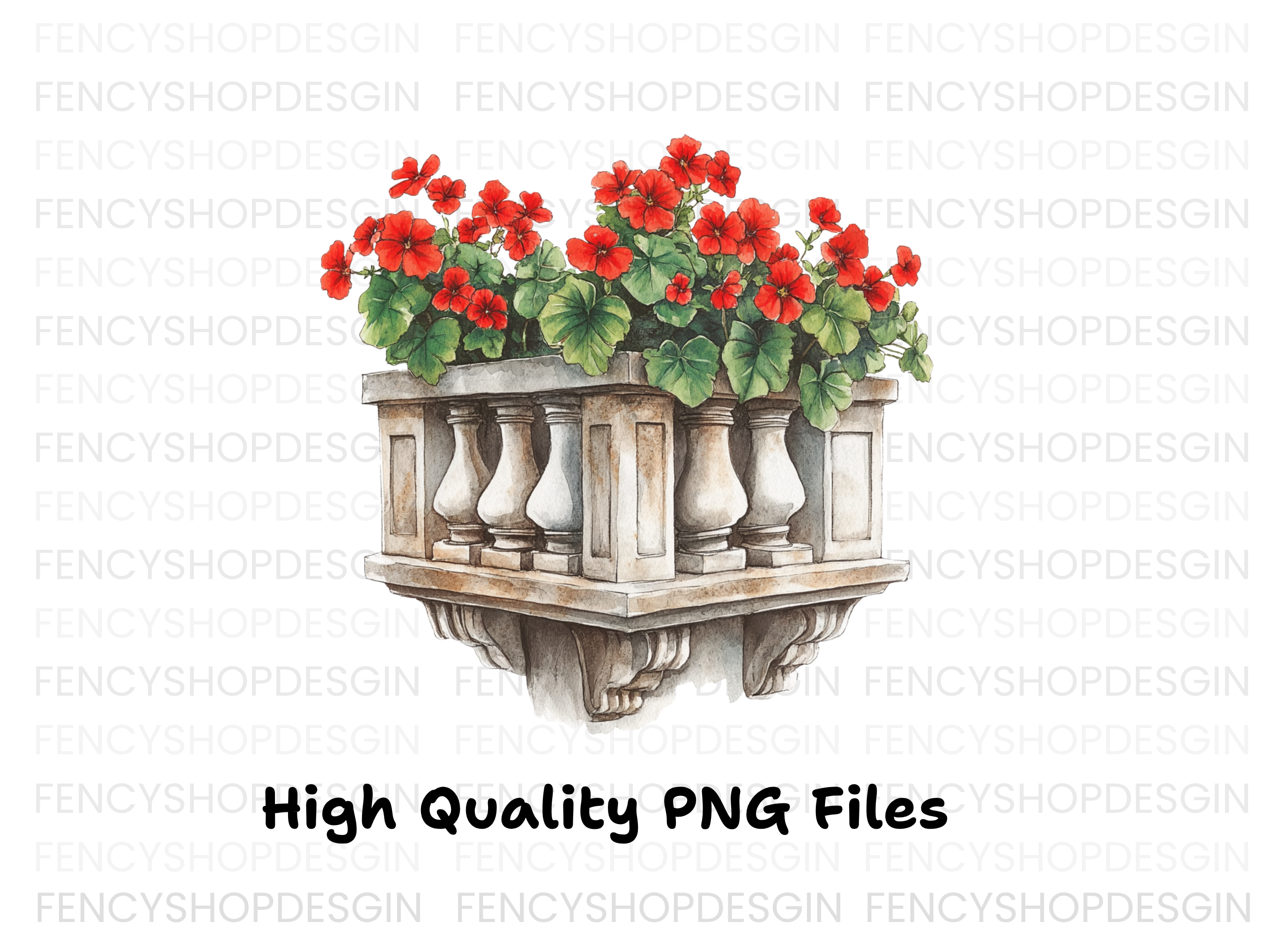 Balcony with Red Geraniums Clipart Bundle