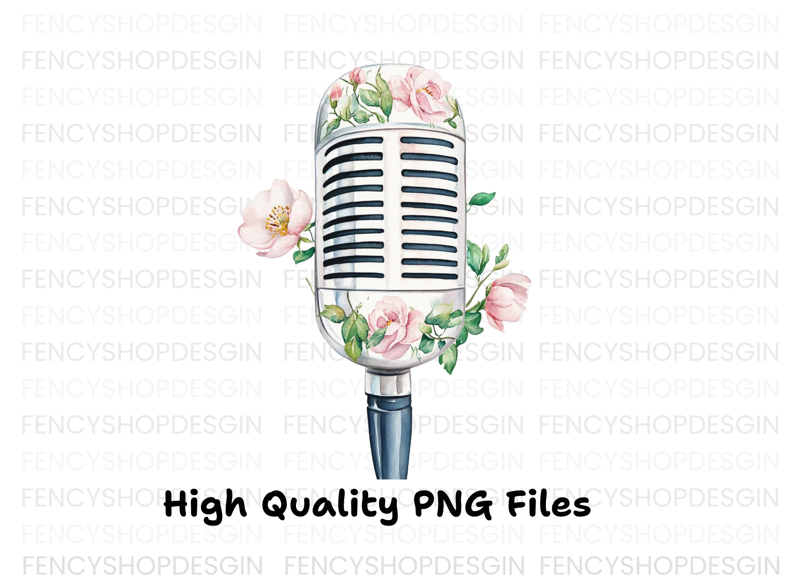 Vintage Microphones with Pink Flowers Clipart Bundle